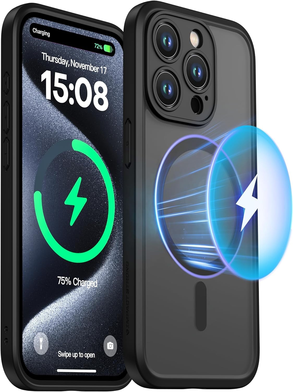 Impactstrong Magnetic Guard Designed for Iphone 15 Case [Camera Protection] [Military Grade Drop Tested] [Compatible with Magsafe] Slim Translucent Matte Phone Case (6.1") - Gray  ImpactStrong Black Iphone 15 Pro Max 