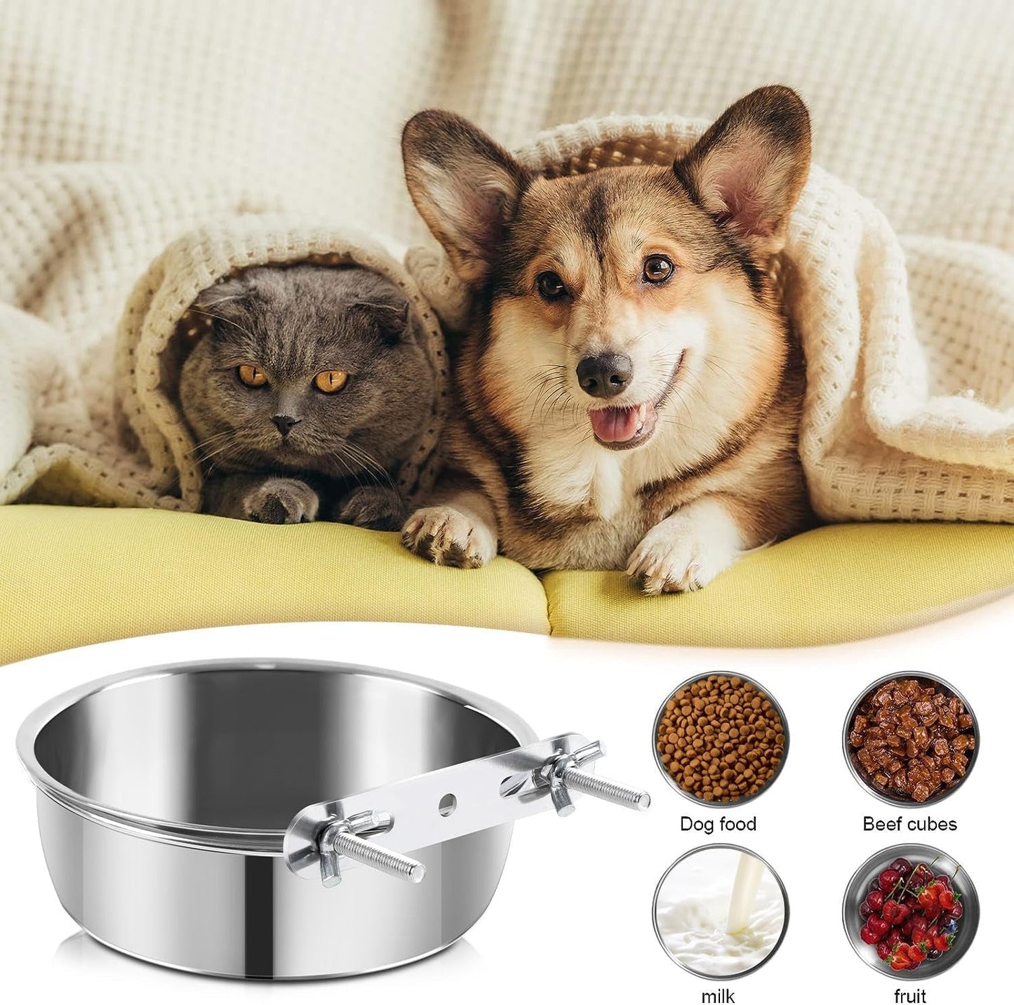 2 Pack Dog Water Bowl Crate No Spill Kennel Hanging Cage Food Bowls for Puppy Cat Bunny Stainless Steel Metal Mountable Small&Medium Feeding Dish Wall Mounted Attachable Crates Pet Feeder