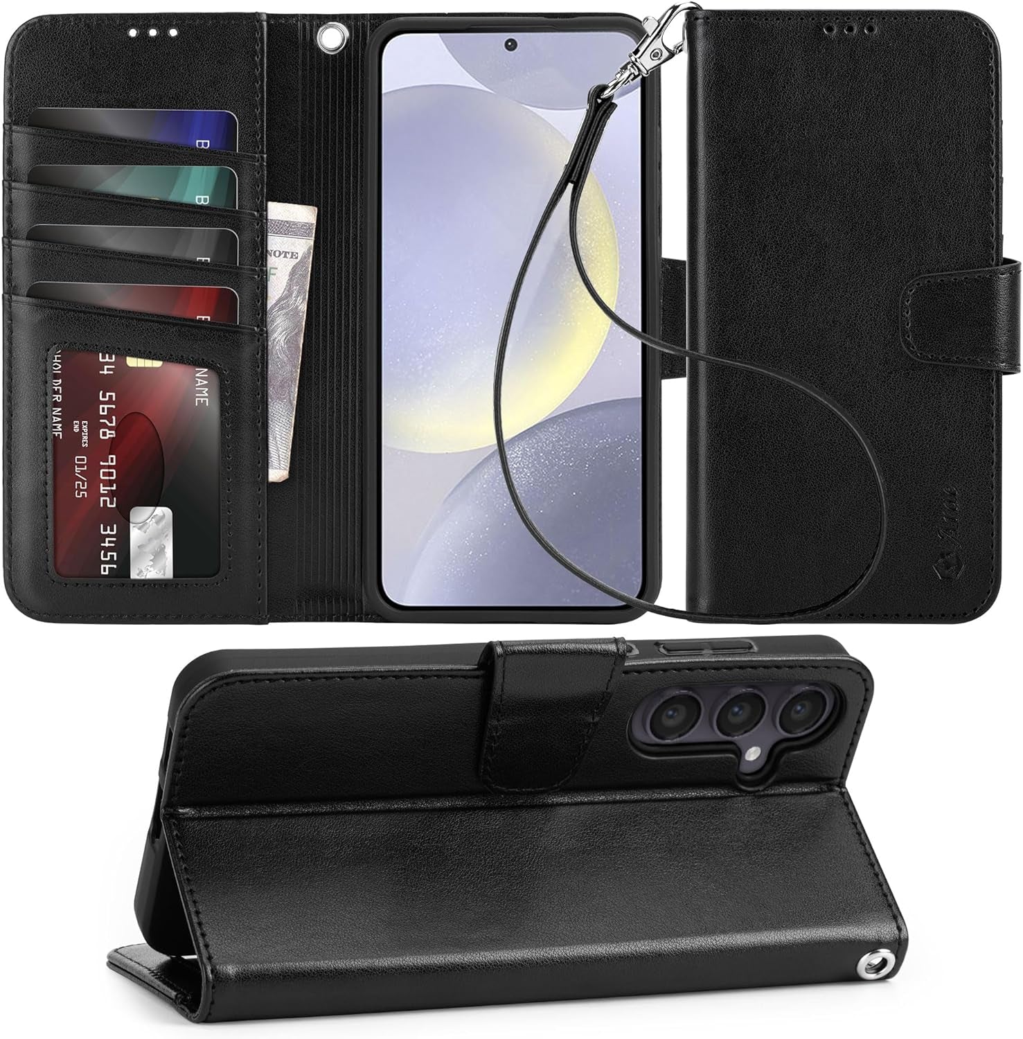 Arae Case for Samsung Galaxy S22 Ultra 5G PU Leather Wallet Case Cover [Stand Feature] with Wrist Strap and [4-Slots] Id&Credit Cards Pocket (S22 Ultra-6.8 Inch, Black)