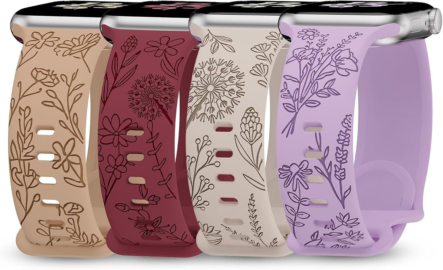 4 Pack Floral Engraved Bands Compatible with Apple Watch Bands 38Mm 40Mm 41Mm 42Mm 44Mm 45Mm 49Mm Women