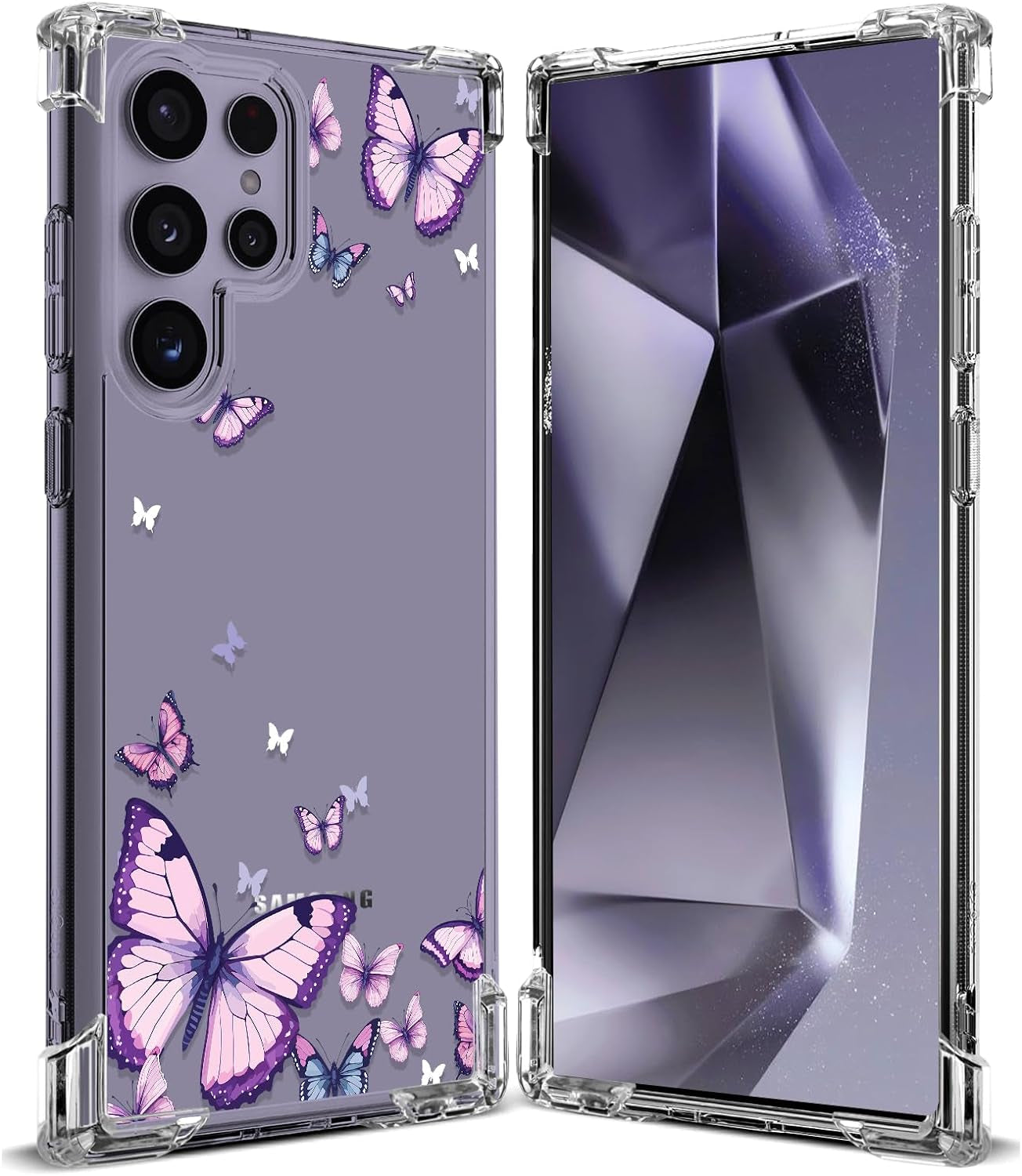 For Samsung Galaxy S22 Ultra Case,Alluring Purple Butterfly Pattern anti Yellowing Slim Hard Cases,Hard PC + TPU Bumper Clear Shockproof Protective Women Phone Cover - Purple