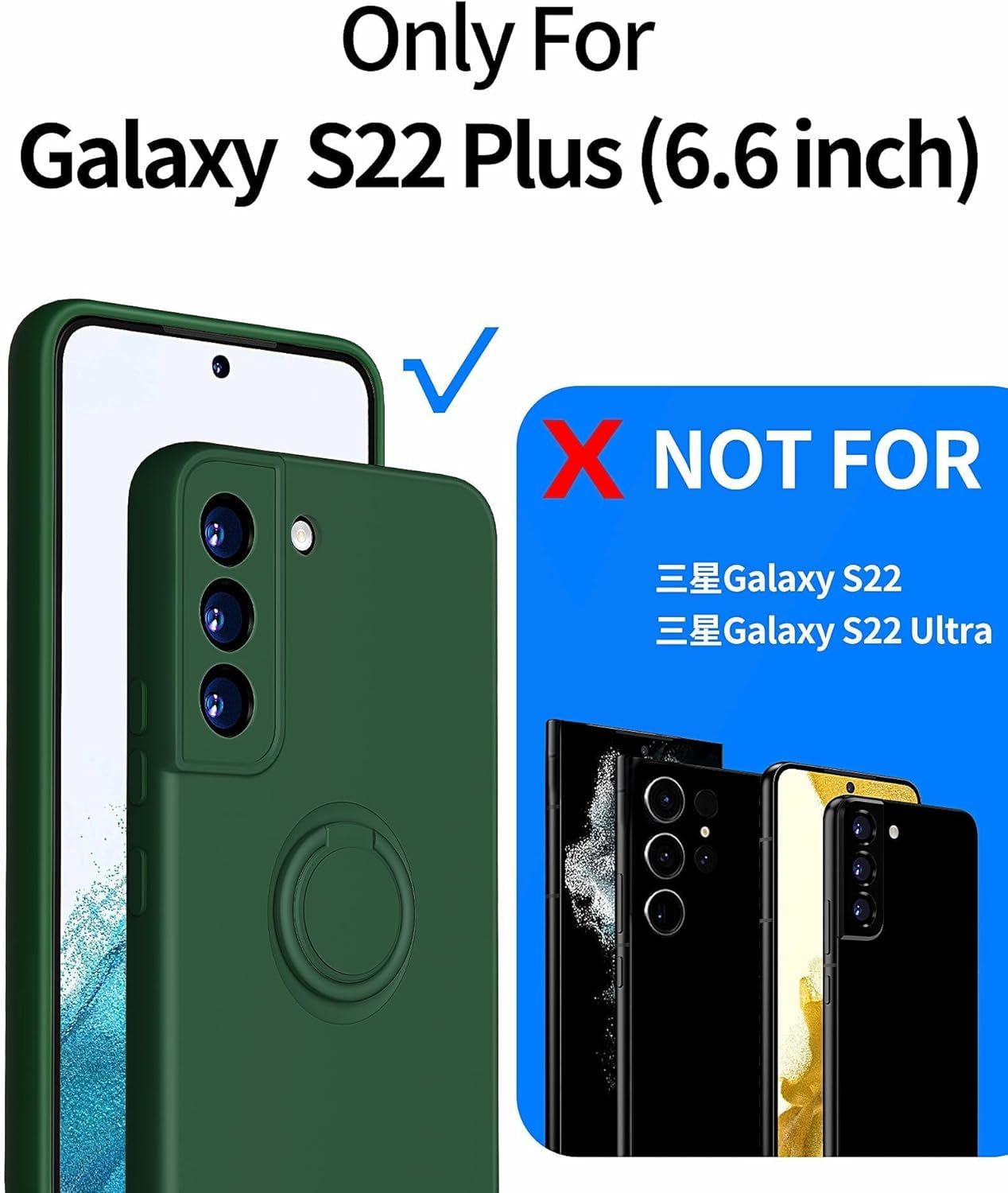 Dssairo for Samsung Galaxy S22 plus Phone Case, Ring Stand [360° Rotatable Ring Holder Magnetic Kickstand], with Full Camera Cover Protection, Silicone Slim Protective 5G Phone Case (Alpine Green)