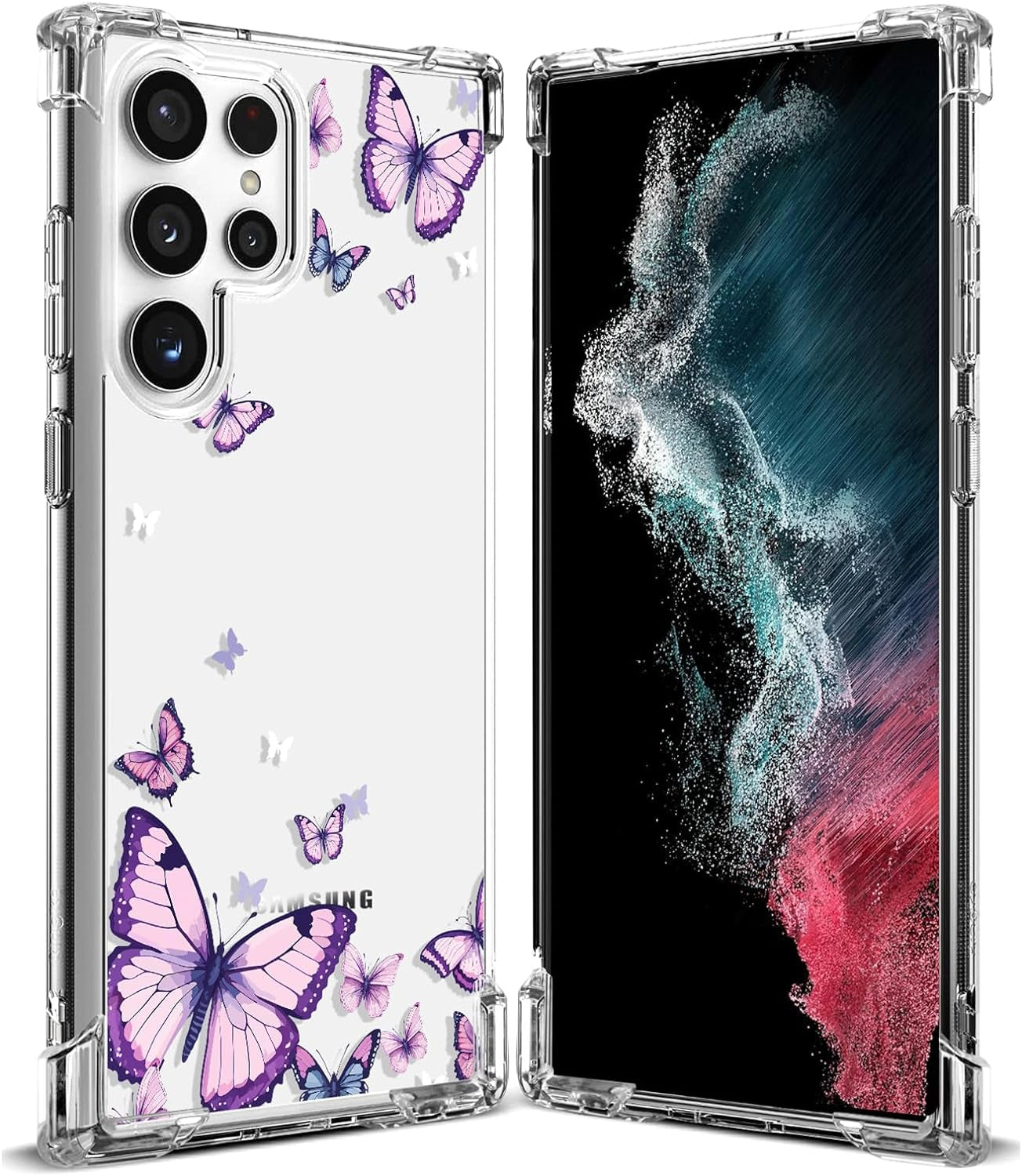 For Samsung Galaxy S22 Ultra Case,Alluring Purple Butterfly Pattern anti Yellowing Slim Hard Cases,Hard PC + TPU Bumper Clear Shockproof Protective Women Phone Cover - Purple