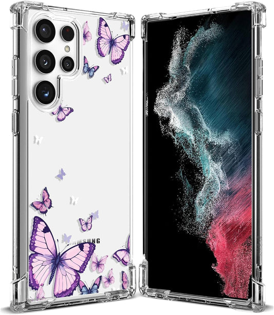 For Samsung Galaxy S22 Ultra Case,Alluring Purple Butterfly Pattern anti Yellowing Slim Hard Cases,Hard PC + TPU Bumper Clear Shockproof Protective Women Phone Cover - Purple