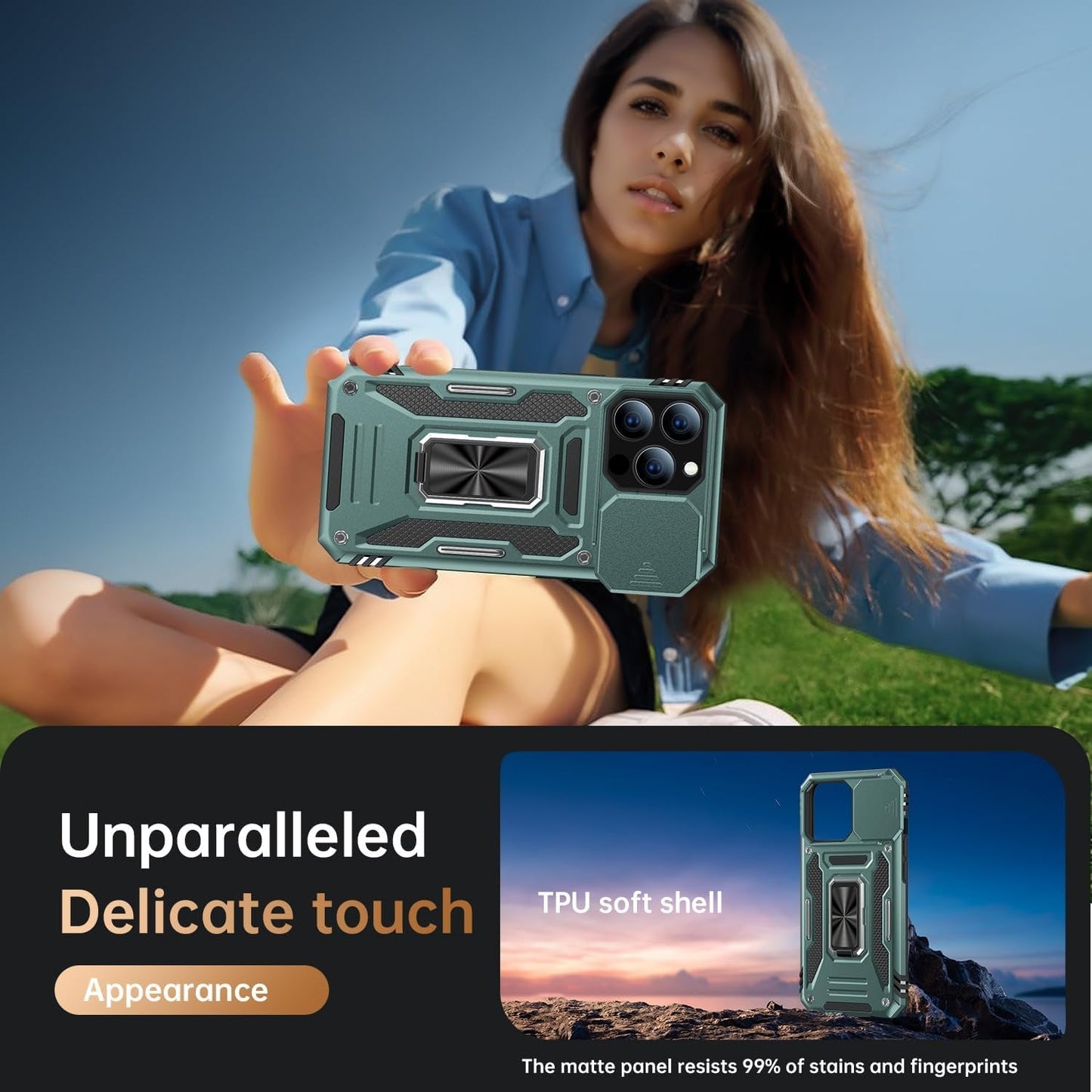 Goodon for Iphone 14 Pro Max Case with Slide Camera Cover + Screen Protector, Built in Rotated Ring Magnetic Kickstand Military Grade Shockproof Protective Phone Case 6.7" Pale - Green  Goodon   