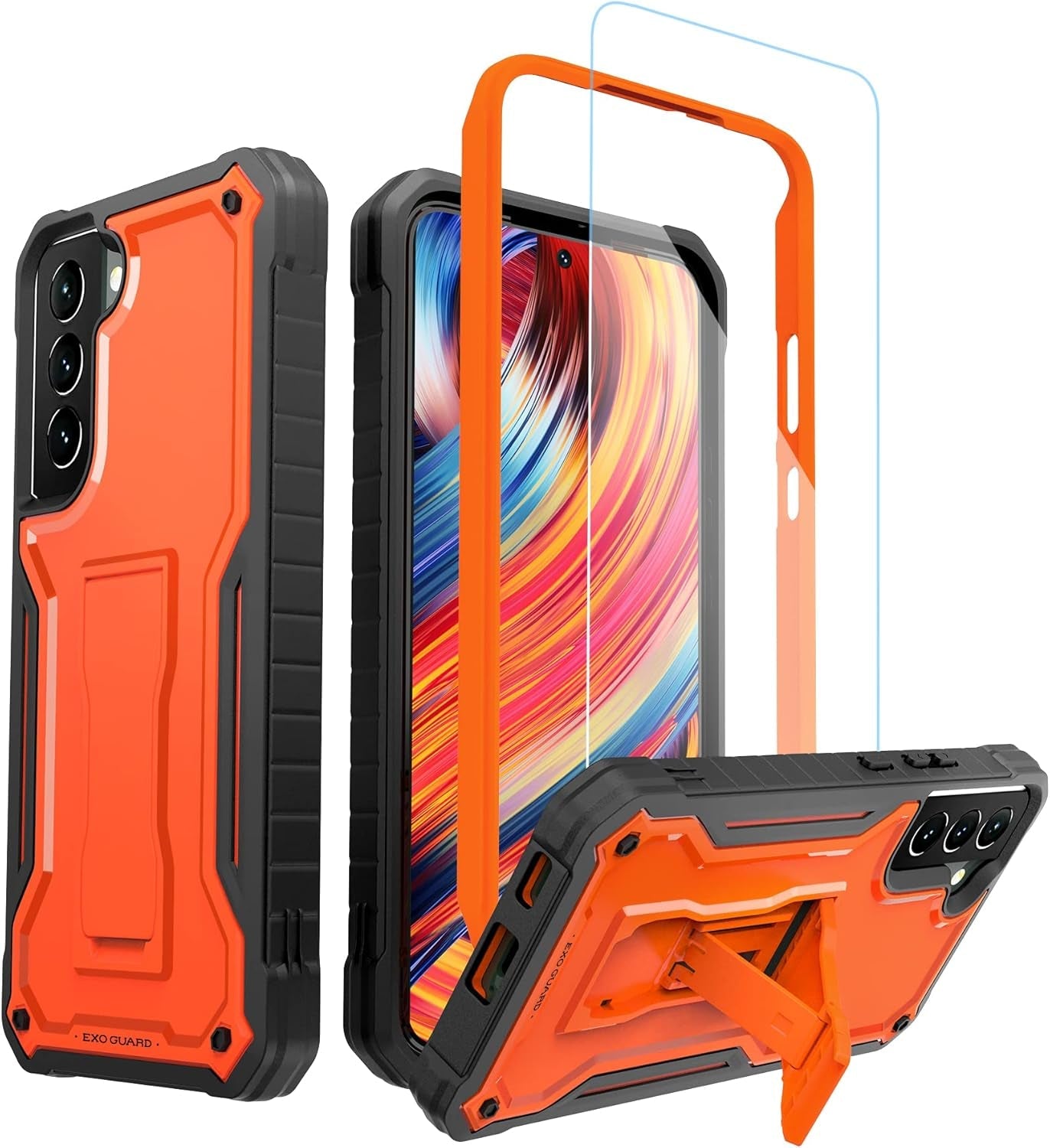 Exoguard for Samsung Galaxy S22 plus Case, Rubber Shockproof Heavy Duty Case with Screen Protector for Samsung S22 plus Phone, Built-In Kickstand (Pink)