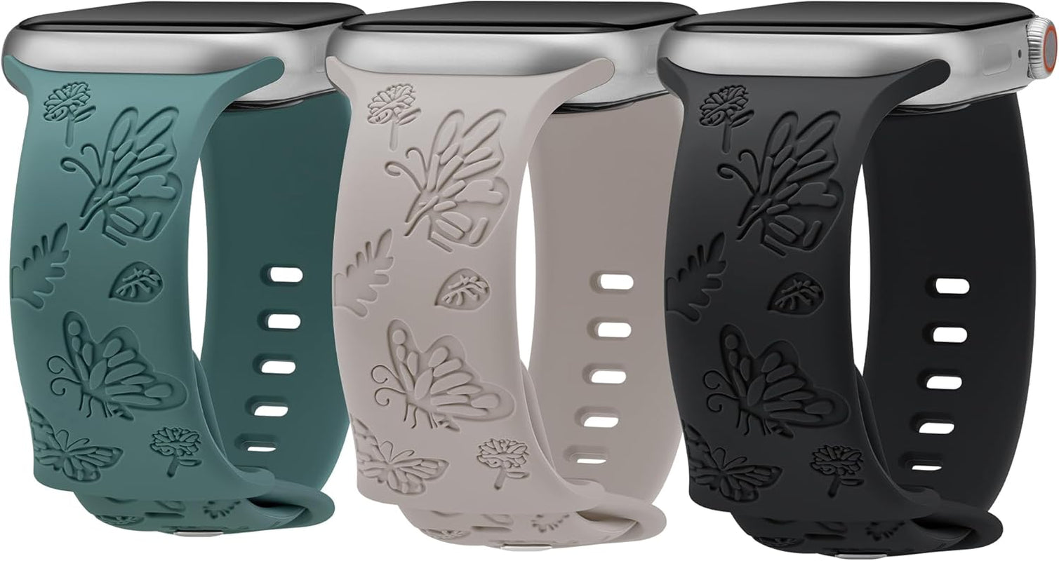 3 Pack Butterfly Floral Engraved Silicone Apple Watch Bands for Women - Soft, Sporty, and Stylish, Fits 38Mm-49Mm Apple Watch/Iwatch Series Ultra/Ultra 2/SE/9/8/7/6/5/4/3/2/1