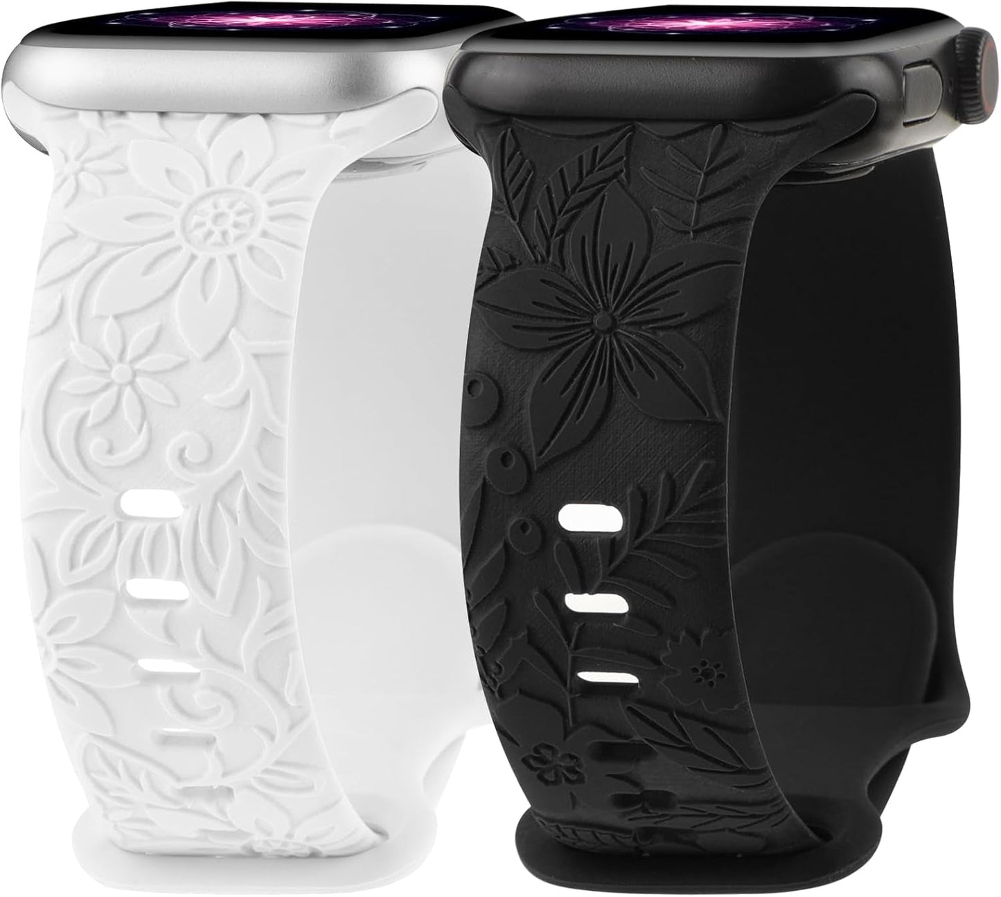 Floral Engraved Band Compatible with Apple Watch Bands 40Mm 41Mm 38Mm 42Mm 44Mm 45Mm 49Mm Women, Cute Soft Flower Silicone Designer Sport Strap for Iwatch Ultra 2 SE Series 9 8 7 6 5 4 3 2 1