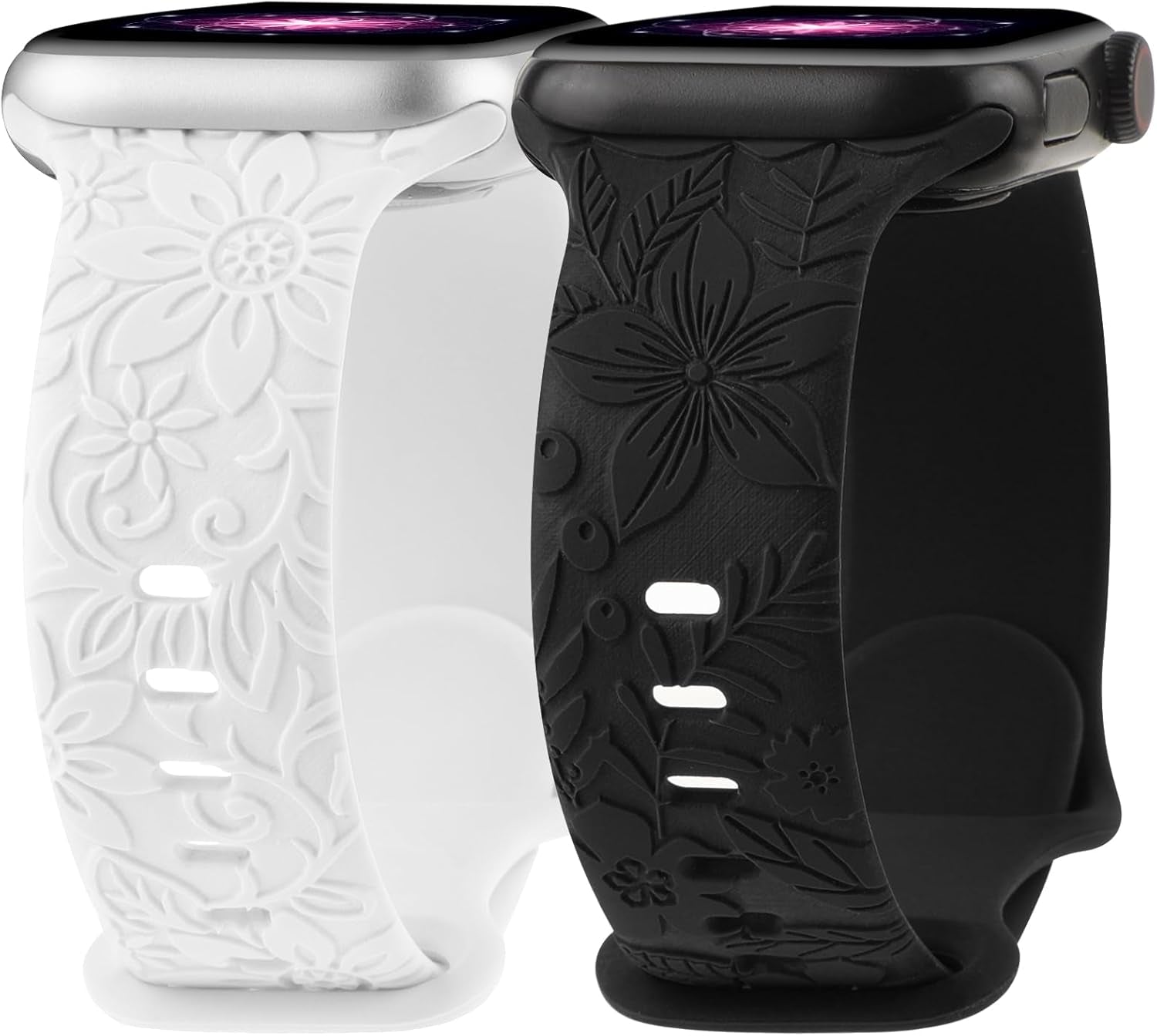 Floral Engraved Band Compatible with Apple Watch Bands 40Mm 41Mm 38Mm 42Mm 44Mm 45Mm 49Mm Women, Cute Soft Flower Silicone Designer Sport Strap for Iwatch Ultra 2 SE Series 9 8 7 6 5 4 3 2 1