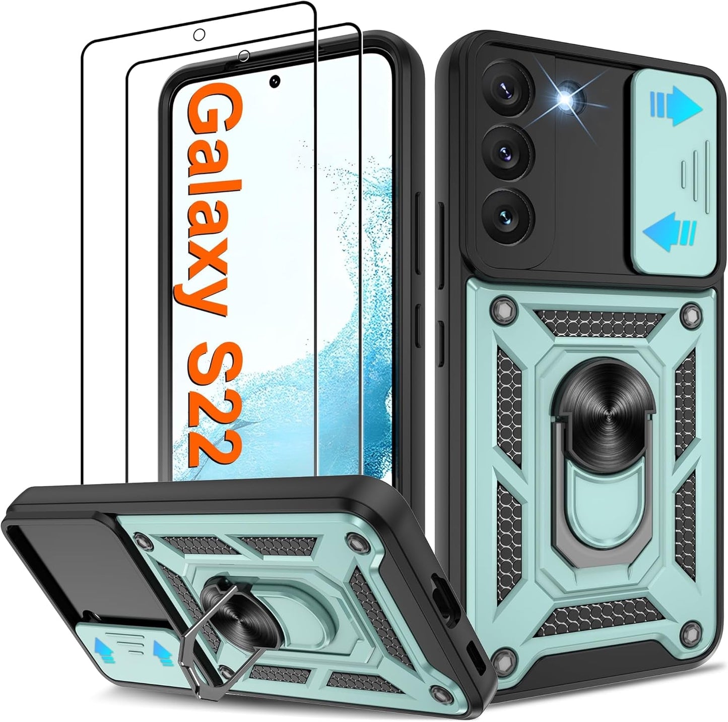 ATUMP for Samsung Galaxy S22 Ultra Case with (2 Pcs) HD Screen Protector, Heavy Duty Shockproof with 360° Rotation Metal Kickstand [Military Grade] Protective Case for S22 Ultra, Blue