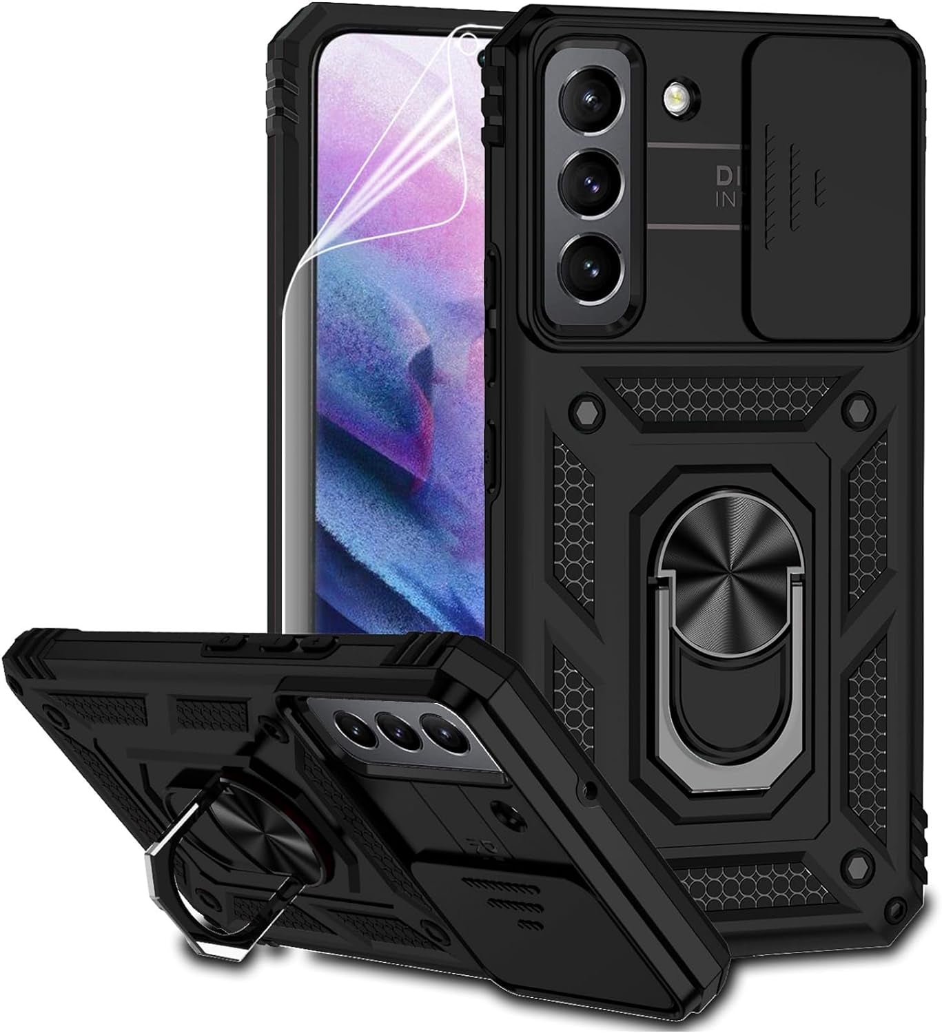 For Samsung Galaxy S22 plus Case with Camera Lens Cover HD Screen Protector, Military-Grade Drop Tested Magnetic Ring Holder Kickstand Protective Phone Case for Samsung Galaxy S22+ plus 5G (Navy Blue)