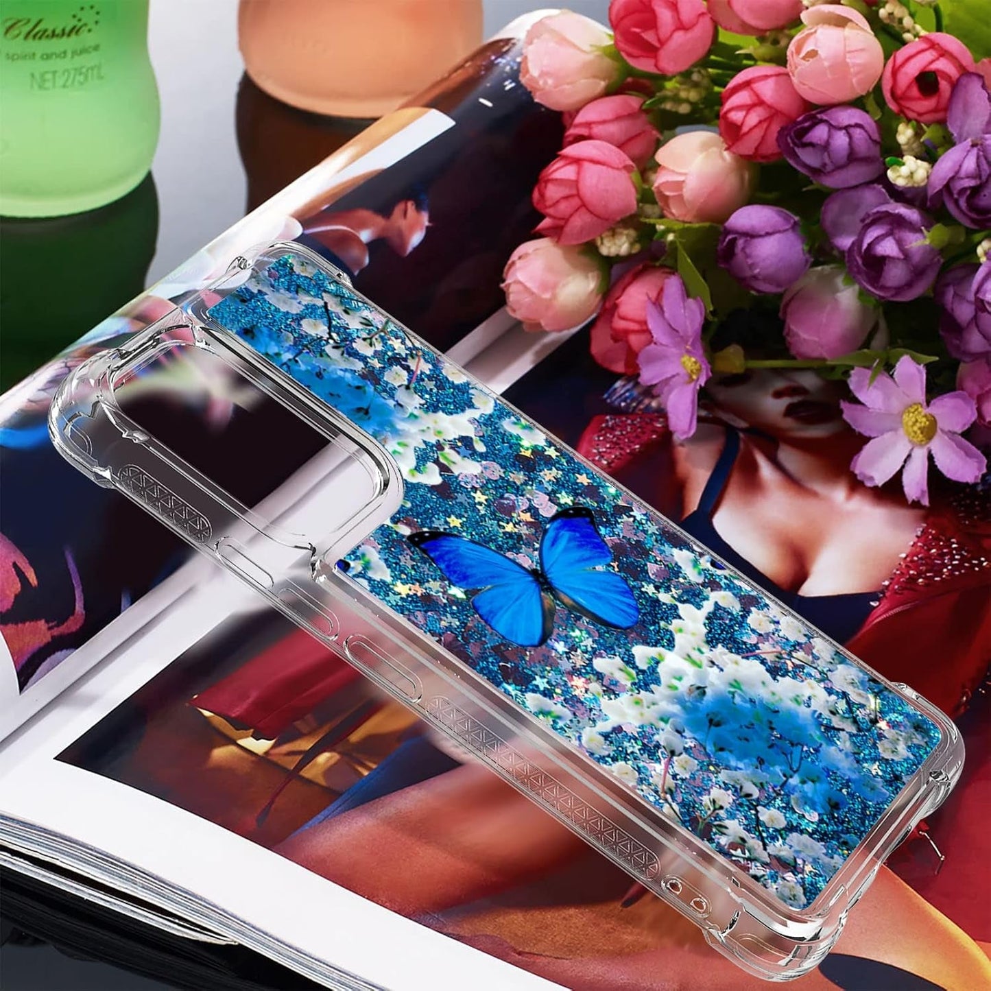For Samsung Galaxy A53 5G Phone Case with Screen Protector, Women Girls Cute Glitter Bling Floating Liquid Soft TPU Shockproof Protective Slim Cover for Samsung Galaxy A53 5G -Blue Butterfly