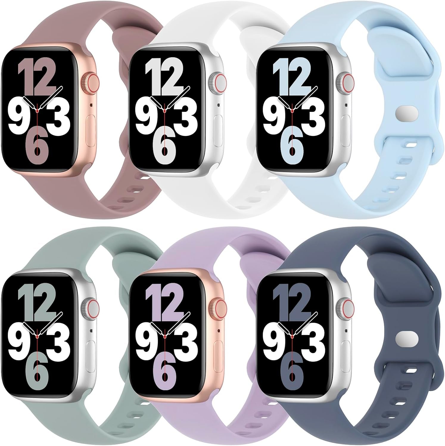 6 Pack Silicone Bands Compatible with Apple Watch Band 38Mm 40Mm 41Mm 42Mm 44Mm 45Mm 49Mm, Soft Sport Waterproof Strap Replacement Wristband for Iwatch Ultra Series 9 8 SE 7 6 5 4 3 2 1 Women Men