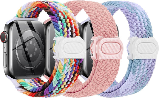 Braided Band for Kids Apple-Watch Band - 3 Pack Nylon Elastic Adjustable Replacement Bands for Iwatch Ultra Series 9 8 7 6 5 4 3 SE SE2 38Mm 40Mm 41Mm 42Mm 44Mm 45Mm 49Mm for Teen Girls Boys Wrist