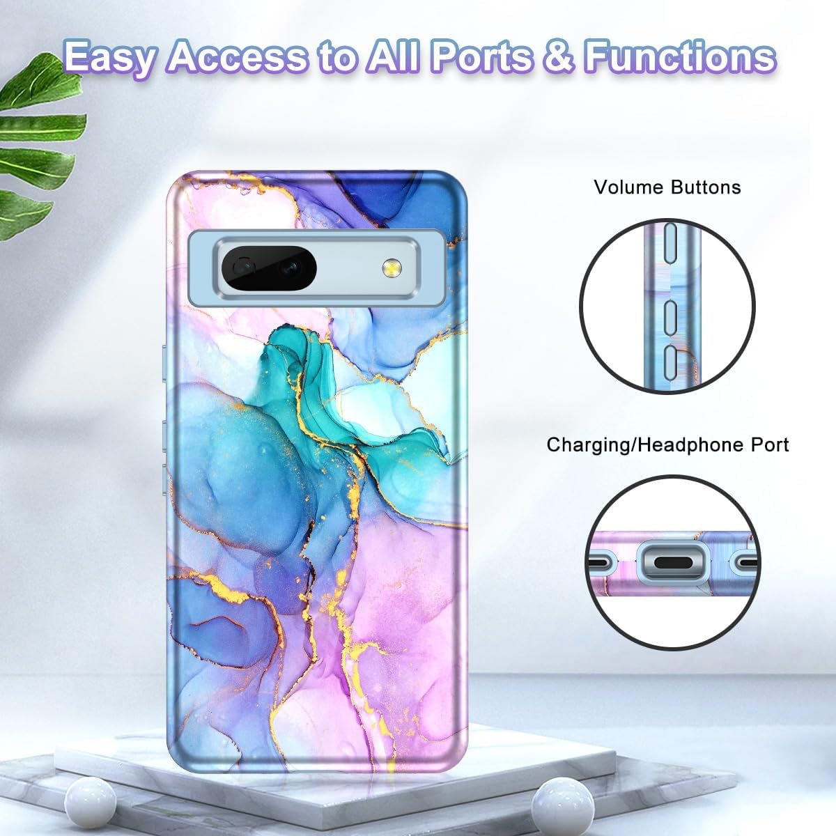 Btscase for Google Pixel 7A Case, [5 in 1] with 2 Pack Screen Protector + 2 Pack Camera Lens Protector, Marble Pattern Full Body Three Layer Rugged Shockproof Protective Cover (2023), Blue Pink  Btscase   
