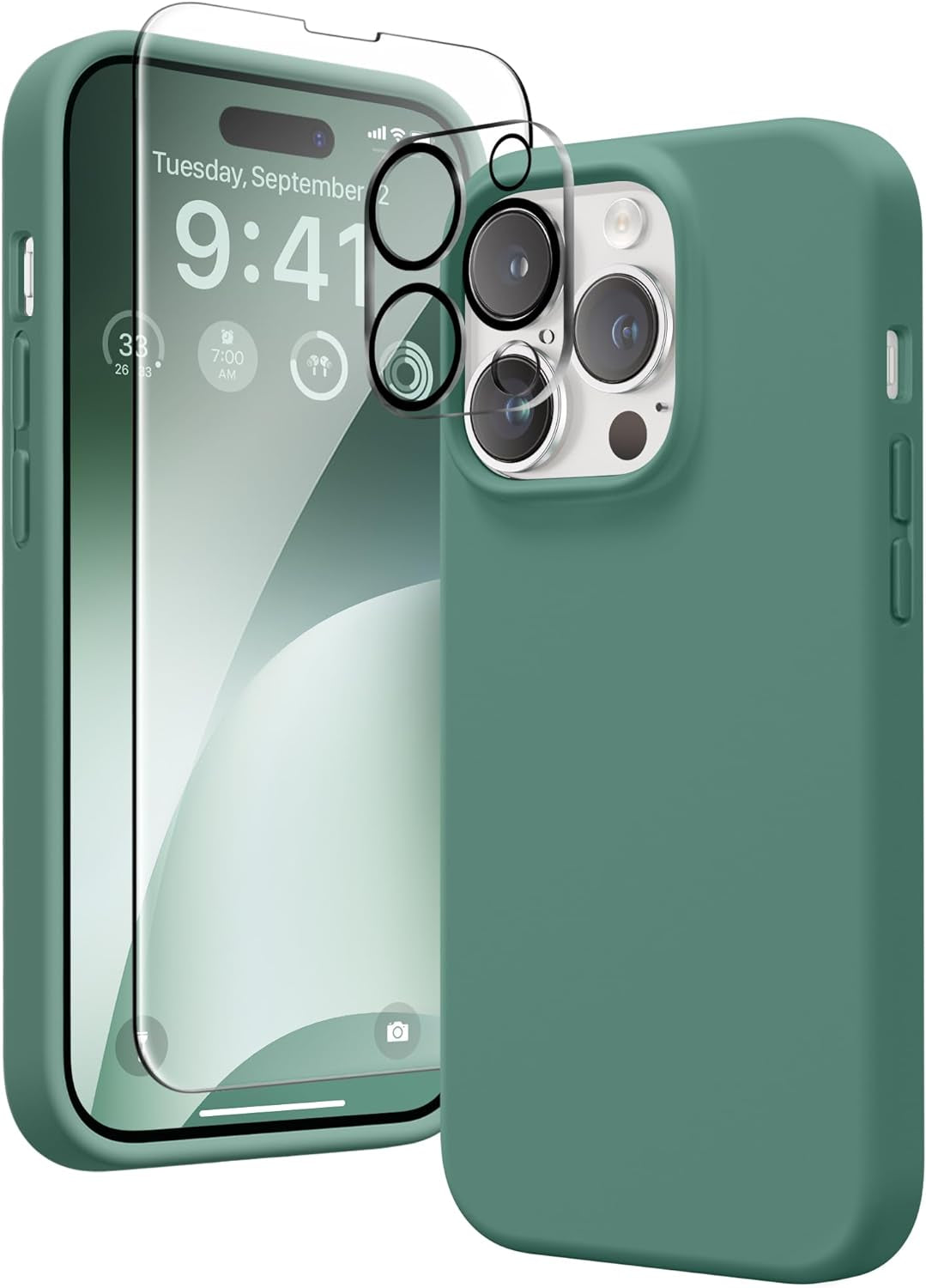 GONEZ for Iphone 14 Pro Case, with 2 Pack Screen Protector + 2 Pack Camera Lens Protector, Soft Anti-Scratch Microfiber Lining, Shockproof Protective Liquid Silicone Phone Cover 6.1'', Blue  GONEZ Midnight Green Iphone 14 Pro 