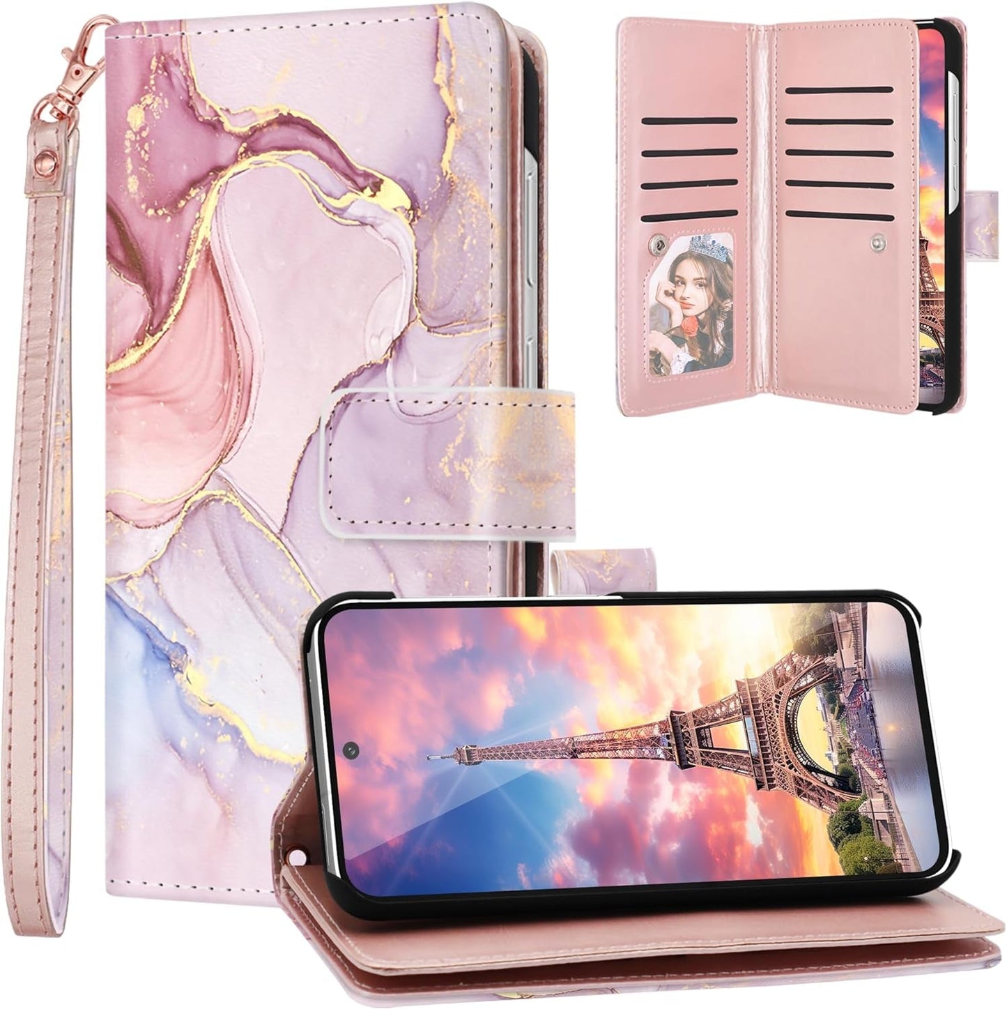 Fingic Compatible with Samsung Galaxy A53 Case Wallet, Rose Gold Marble 9 Card Holder PU Leather Detachable Wrist Strap Wallet Case for Women Cover for Samsung Galaxy A53 5G, Rose Gold