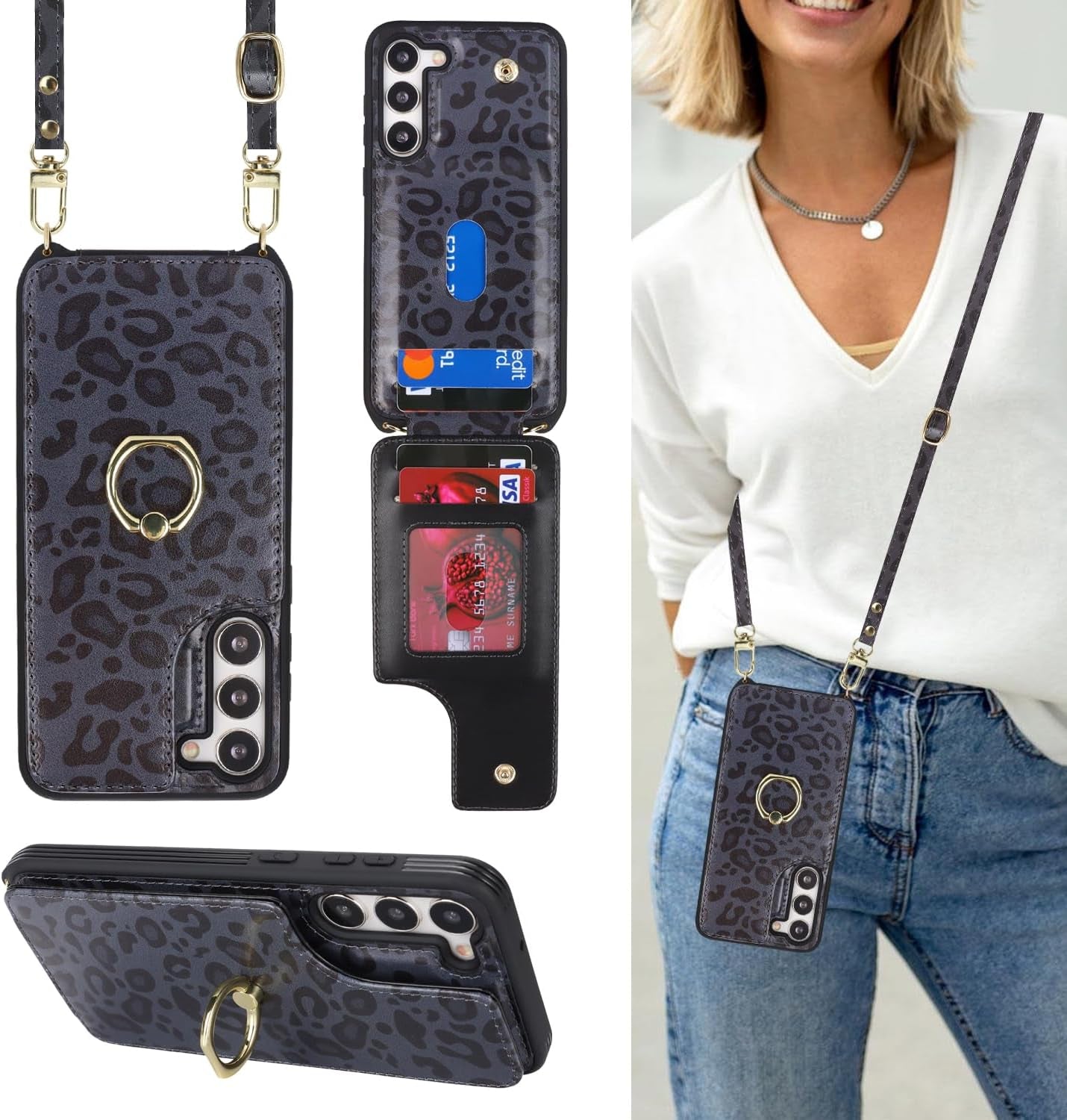 For Samsung Galaxy S22 Ultra Case with Card Holder and Strap for Women,Crossbody Lanyard,Ring Stand,Snap Clasp,Phone Wallet Cases 6.8 Inch(Purple)