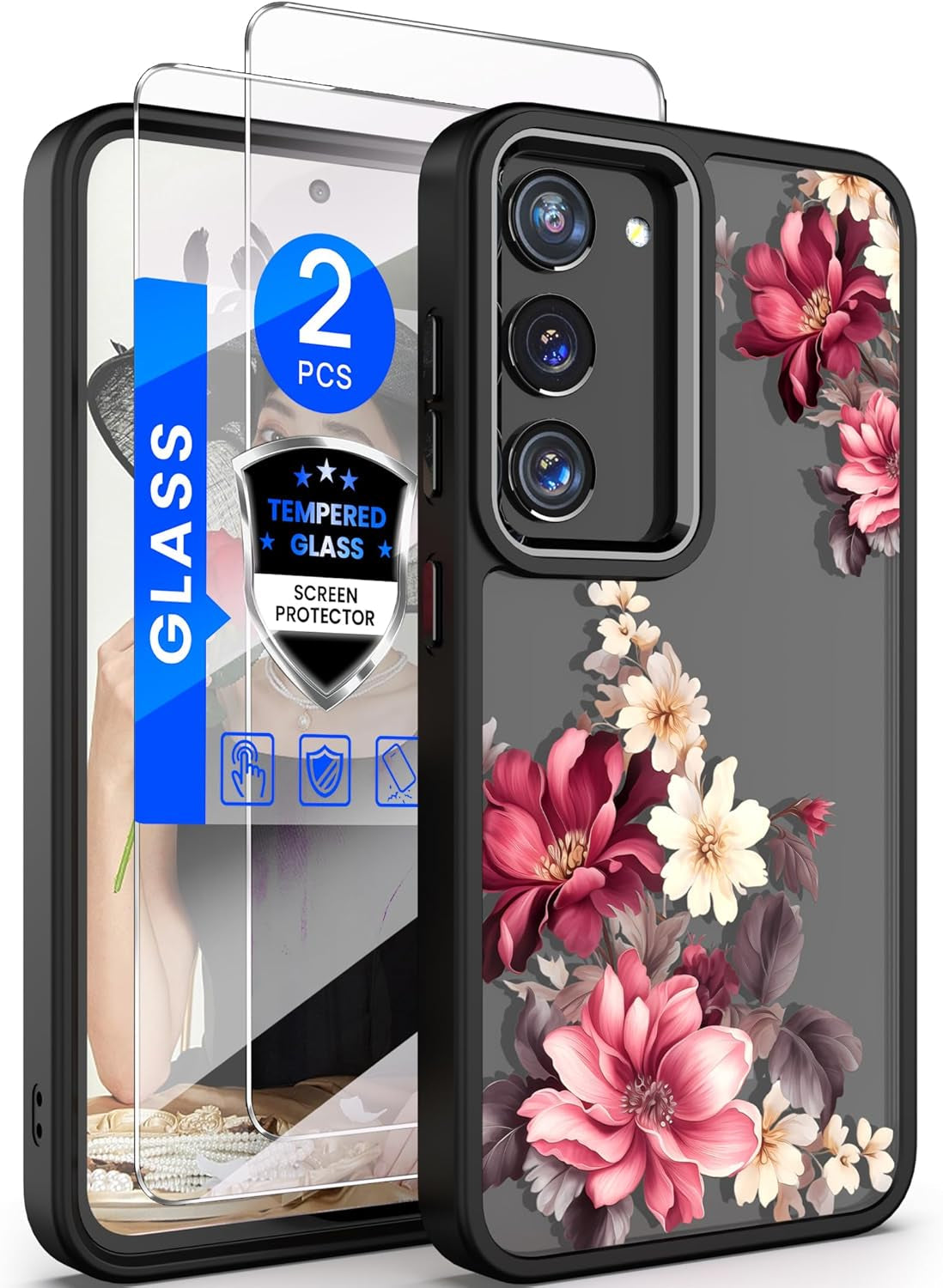 Dretal for Samsung Galaxy S22 5G Case Floral, Military Grade Drop Tested Hard Back & Soft Edge Slim Flower Women Girls Phone Protective Cover + Tempered Glass Screen Protector (Deep Purple)