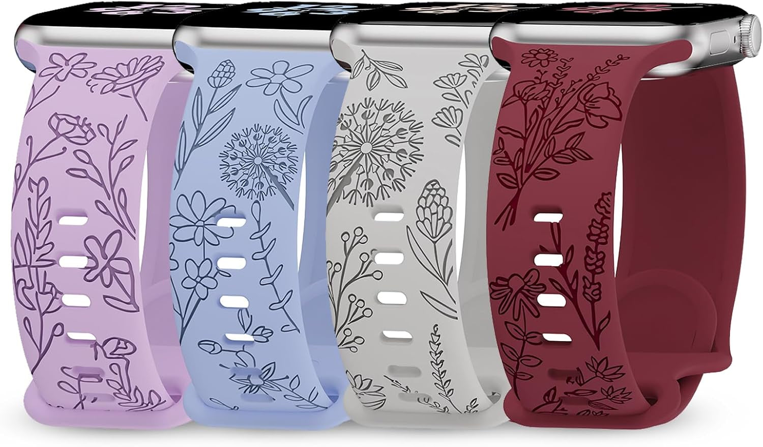 4 Pack Floral Engraved Bands Compatible with Apple Watch Bands 38Mm 40Mm 41Mm 42Mm 44Mm 45Mm 49Mm Women