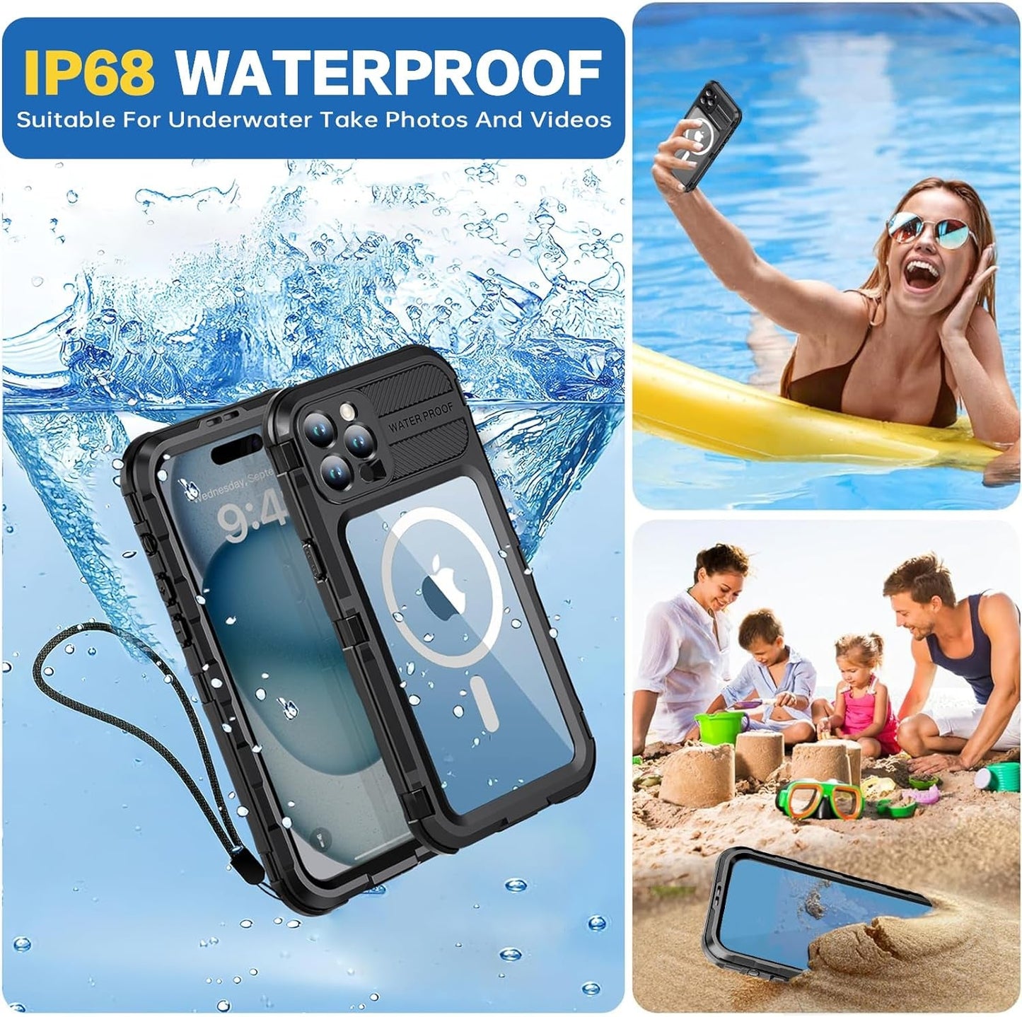 Evcing for Iphone 15 Pro Max Waterproof Case, [IP68 Underwater][Military Dropproof, Shockproof][Compatible with Magsafe][Full Body Metal], Heavy Duty Phone Cover for Iphone 15 Promax, 6.7 Inch (Black)  EVCING   