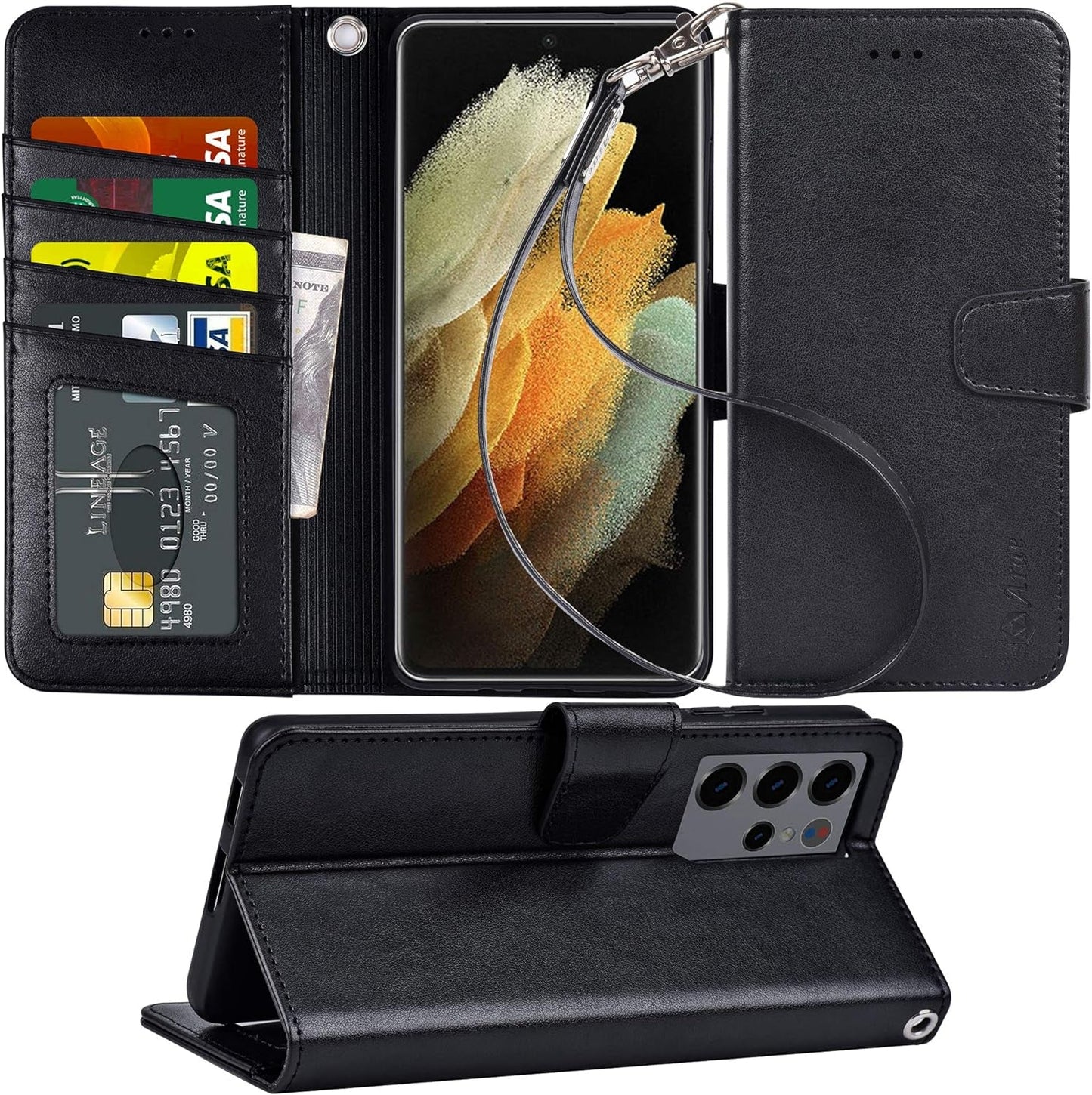 Arae Case for Samsung Galaxy S22 Ultra 5G PU Leather Wallet Case Cover [Stand Feature] with Wrist Strap and [4-Slots] Id&Credit Cards Pocket (S22 Ultra-6.8 Inch, Black)