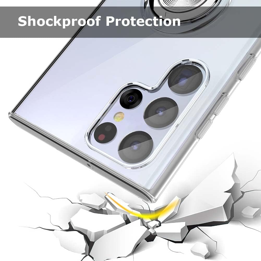 Galaxy S22 Ultra Case, Clear Body Soft TPU Shockproof Case with 360 Degree Rotation Ring Kickstand(Work with Magnetic Car Mount) for Samsung Galaxy S22 Ultra (Clear)