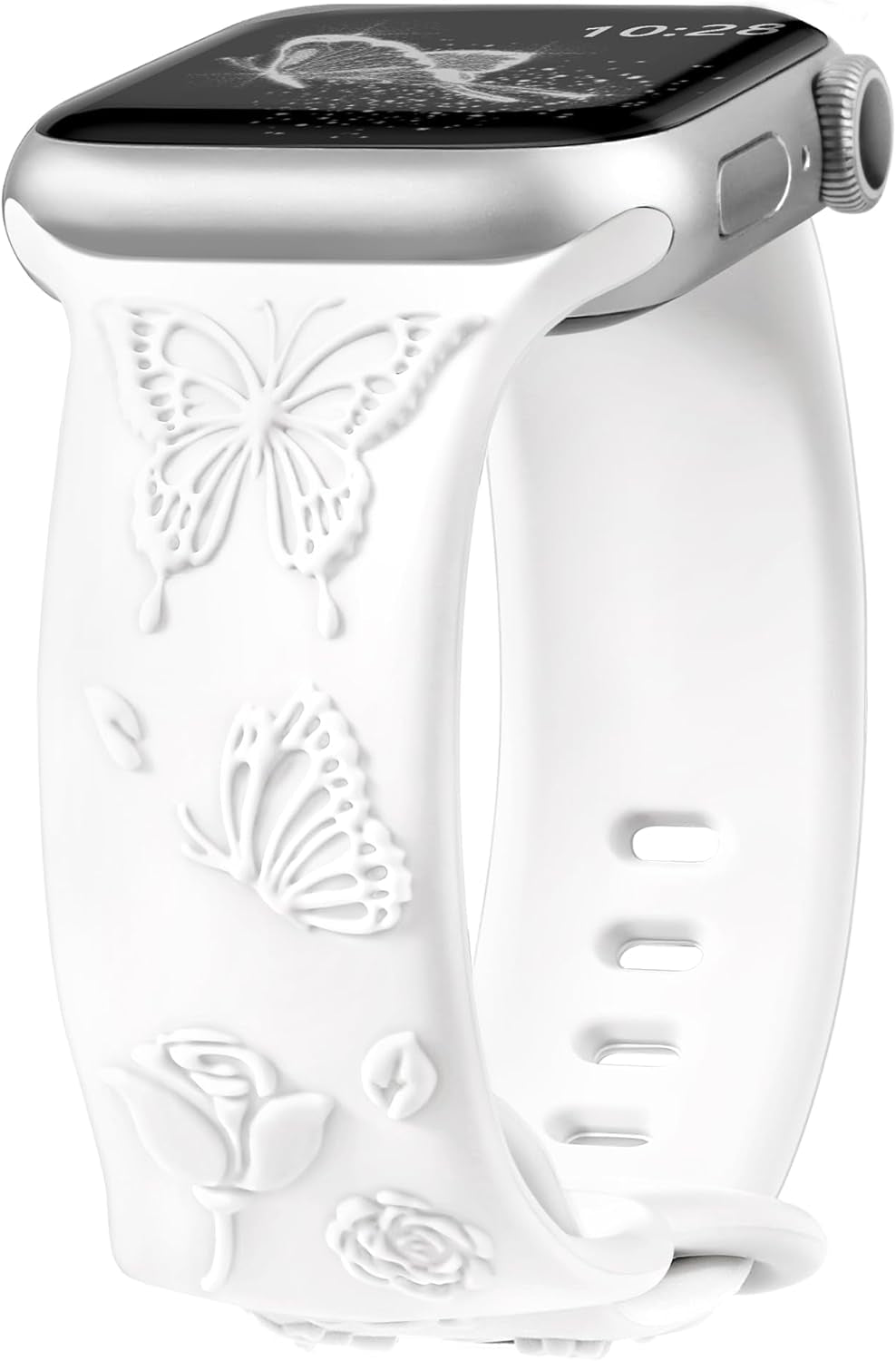Floral Butterfly Engraved Band Compatible with Apple Watch Bands for Women 40Mm 41Mm 38Mm, Soft Silicone Sport Iwatch Bands for Apple Watch Series 9 Band SE Series 8 7 6 5 4 3 2 1-White