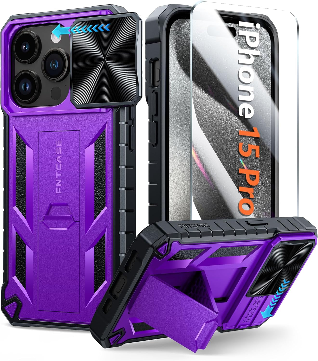 FNTCASE for Iphone 15 Pro Case: Military Grade Drop & Shock Protection Cell Phone Cover with Kickstand & Slide | Rugged Protective Bumper Textured | Heavy Duty Protector(Blue)  FNTCASE Purple For Iphone 15 Pro (6.1 Inch) 