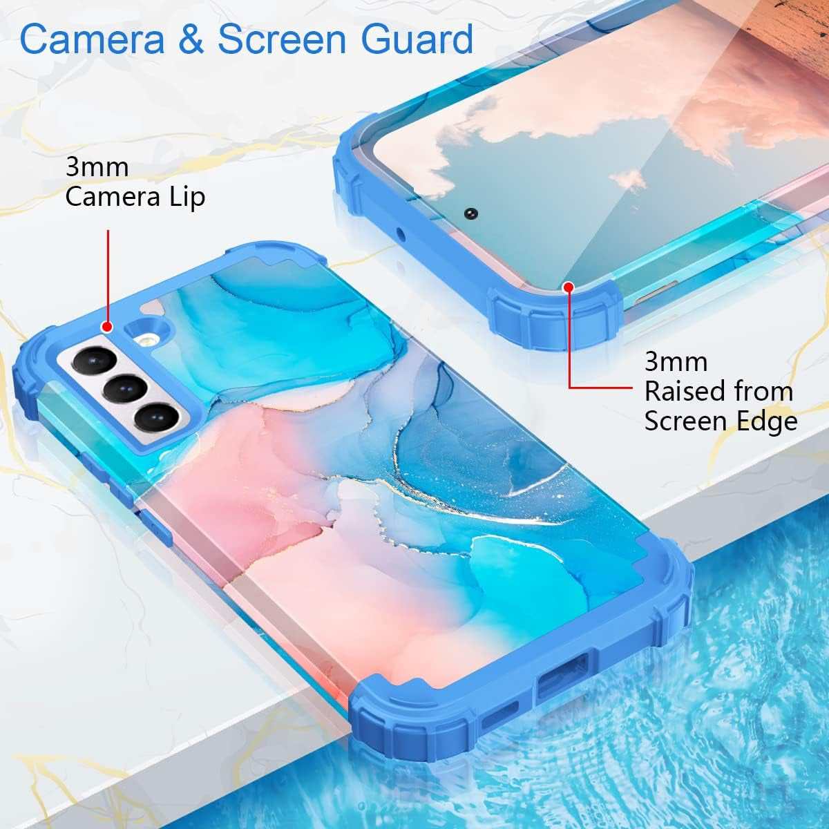 Fingic Galaxy S22 Case,Samsung Galaxy S22 Case Marble 3 in 1 Heavy Duty Protection Hybrid Hard PC Soft Silicone Rugged Bumper Case for Women Men Non-Slip Slim Phone Case for Samsung Galaxy S22,Blue