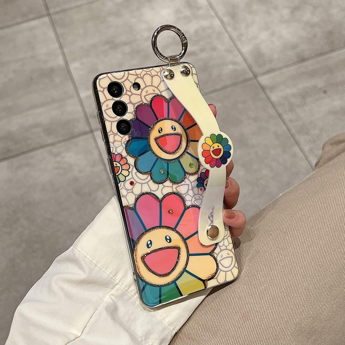 For Samsung Galaxy S22 plus Case Cute with Wrist Strap Kickstand Case 6.6" 5G Glitter Bling Cartoon IMD Soft TPU Shockproof Protective Phone Cases Cover for Girls and Women - Sunflower