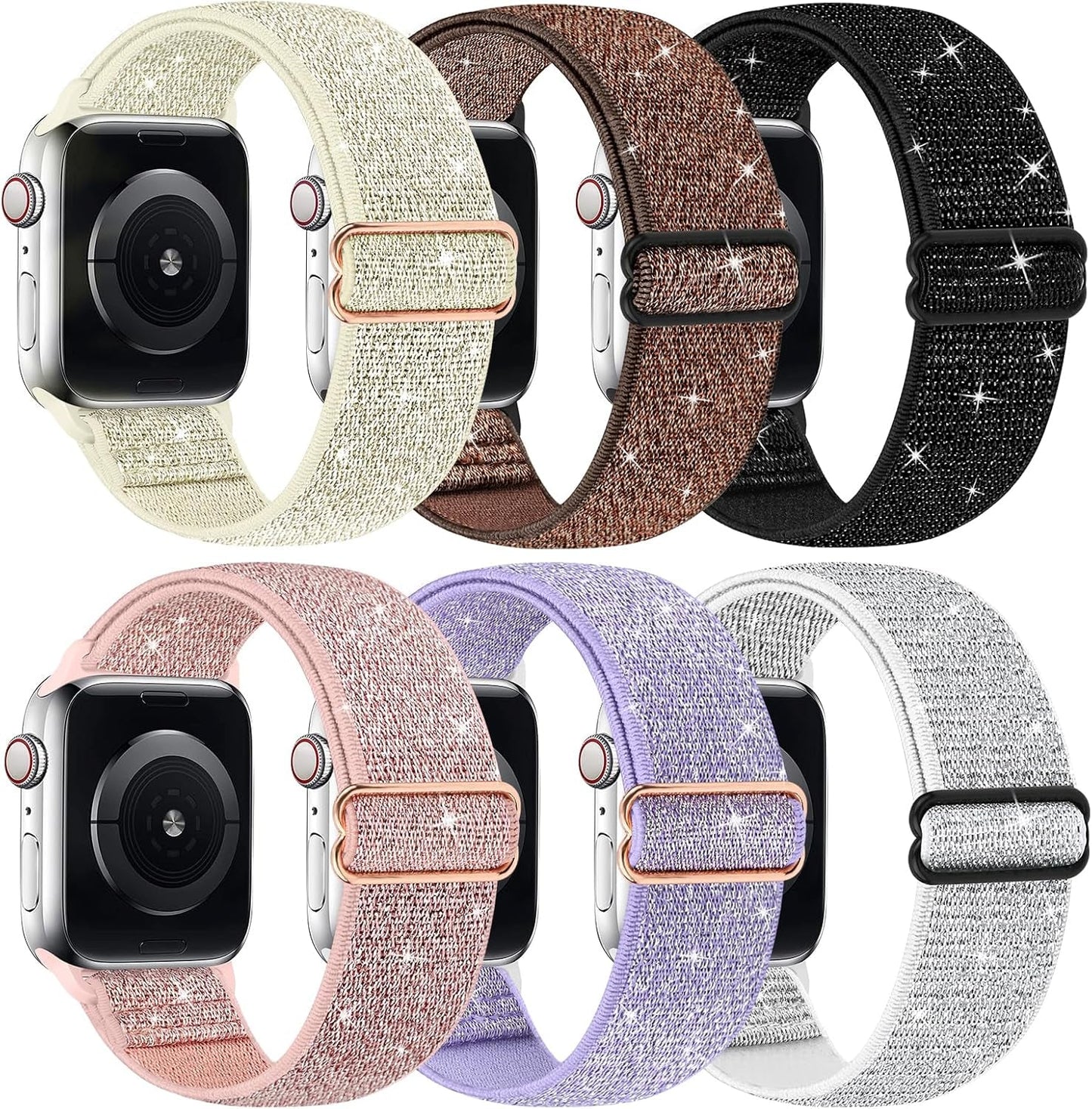Bling Nylon Stretchy Bands Compatible with Apple Watch Bands 38Mm 40Mm 41Mm 42Mm 44Mm 45Mm 49Mm for Women Girls, Adjustable Braided Solo Loop Sport Bands for Iwatch Series 9 8 7 6 SE 5 4 3 2 1, 6 Packs