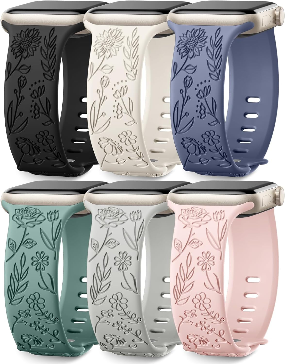 6 Pack Floral Engraved Bands Compatible with Apple Watch Band 44Mm 40Mm 38Mm 41Mm 45Mm 49Mm 42Mm Women, Soft Silicone Cute Flower Pattern Sport Strap for Iwatch Bands Series Ultra Ultra 2 SE 9 8 7 6 5 4 3 2 1