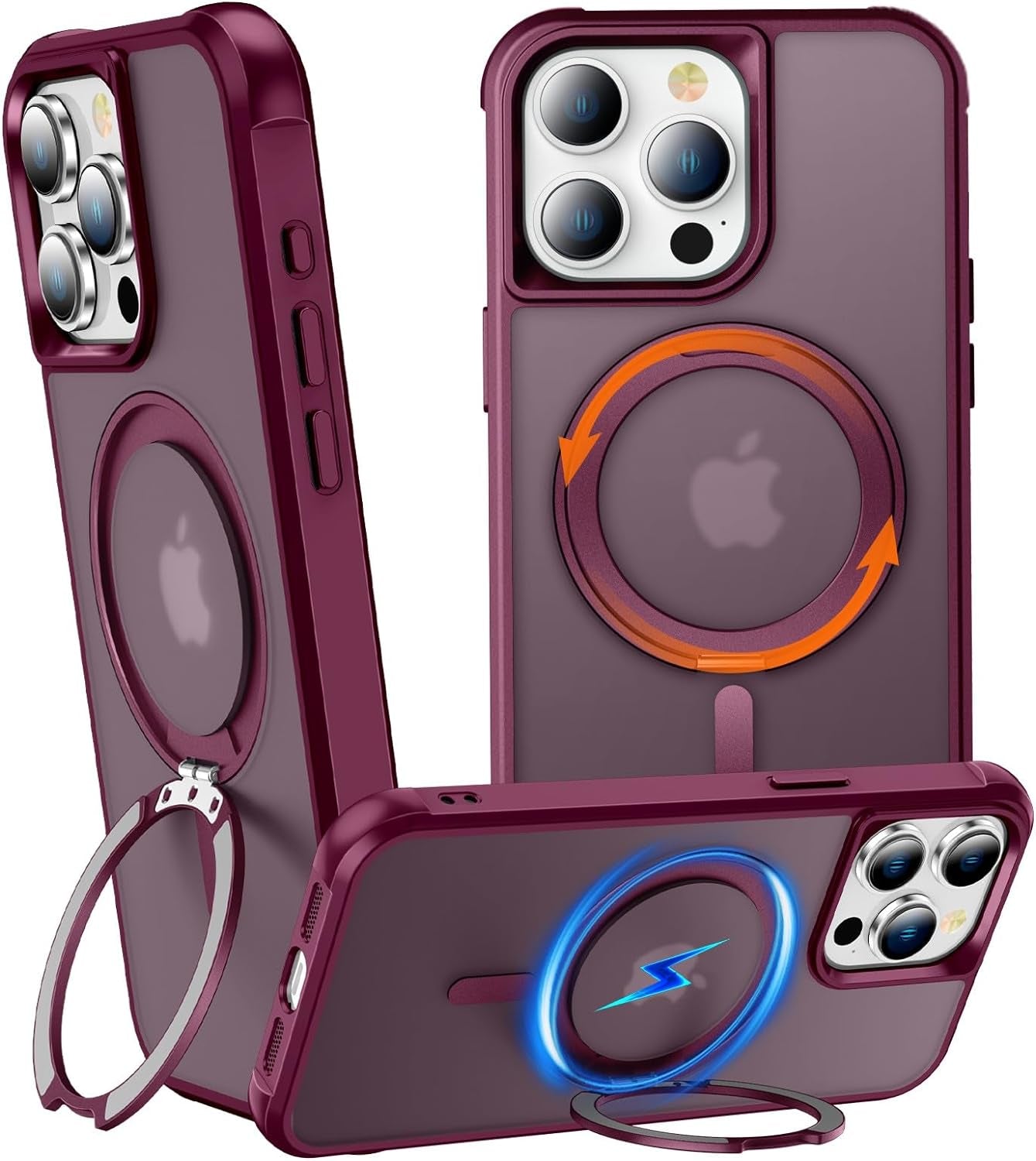 Chaofeng 360° Rotatable Stand for Iphone 15 Pro Case with Magnetic [Military Grade Drop Tested][Adjustable Kickstand] Ring Translucent Slim Hard Back Soft Edge, Purple  CHAOFEnG Wine Red Iphone 15 Pro Max 