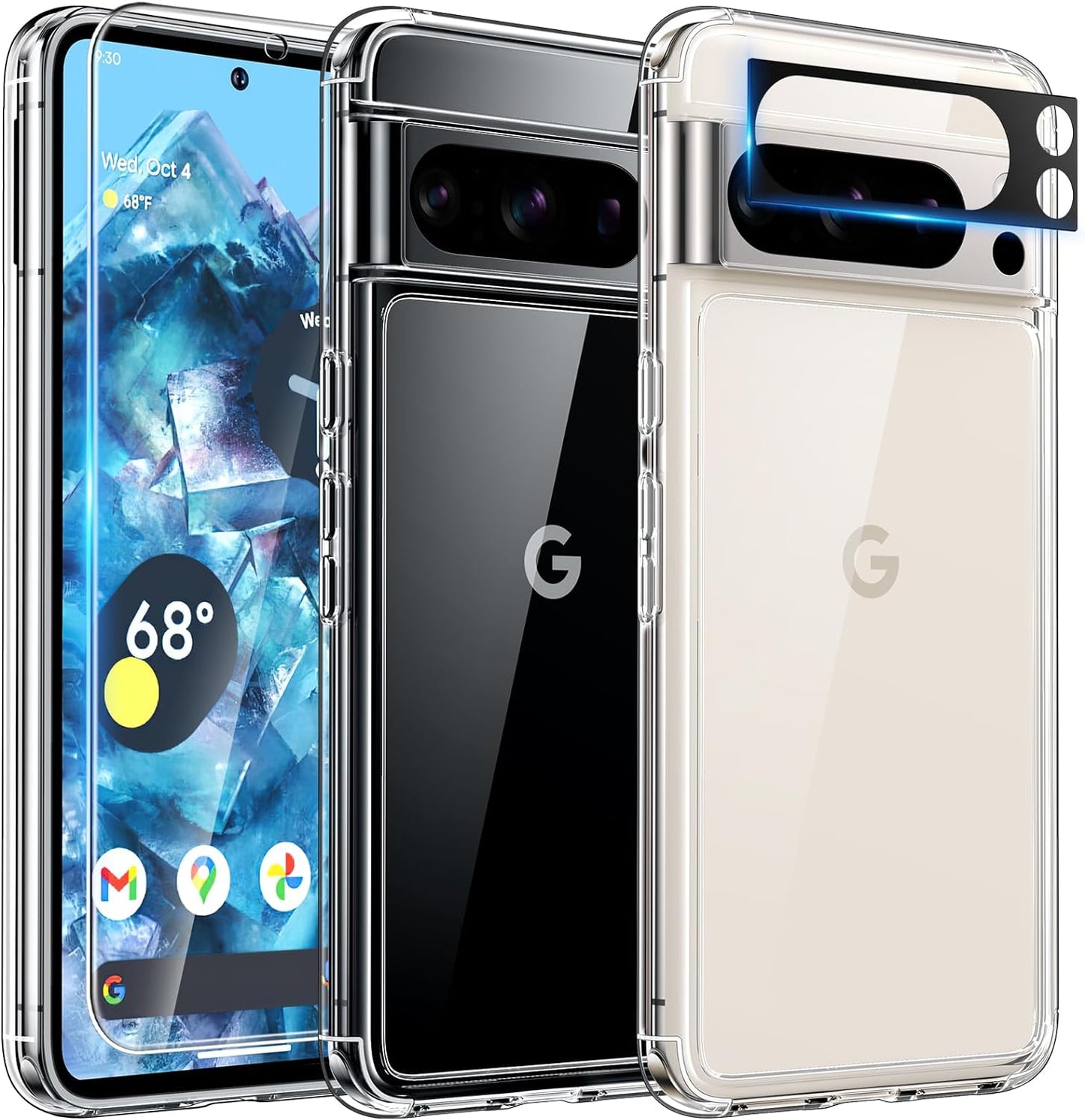 TAURI for Google Pixel 8 Pro Case, [5 in 1] 1X Clear Case [Not-Yellowing] with 2X Screen Protector + 2X Camera Lens Protector, [Military Grade Protection] Slim Case for Pixel 8 Pro  TAURI Clear For Pixel 8 Pro 6.7" 