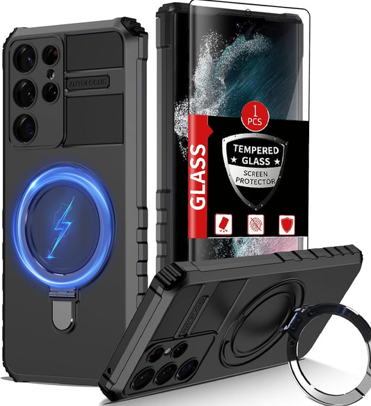 For Samsung Galaxy S22 Ultra Case Compatible with Magsafe Wireless Charging Magnetic Galaxy S22 Ultra Case with Screen Protector, Galaxy S22 Ultra Case with Stand Shockproof Protection Black