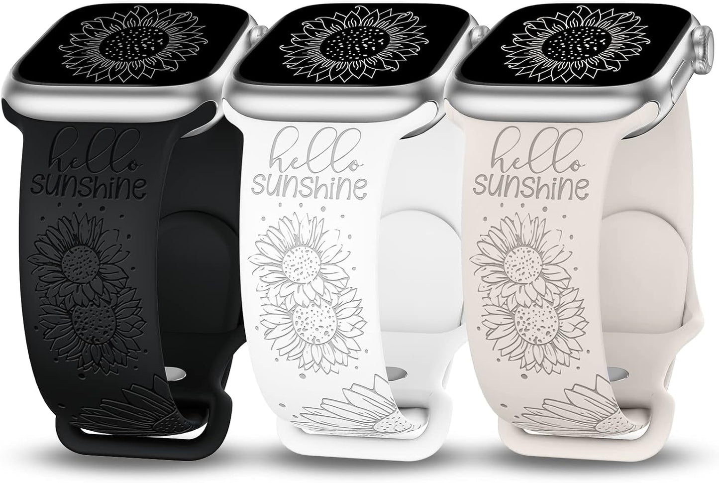 3 Packs Sunflower Engraved Bands Compatible with Apple Watch Bands 45Mm 44Mm 42Mm 49Mm Women Girls, Boho Floral Fancy Fashion Sport Silicone Flower Straps for Iwatch Series 9/Ultra/Se/8/7/6/5/4/3/2/1