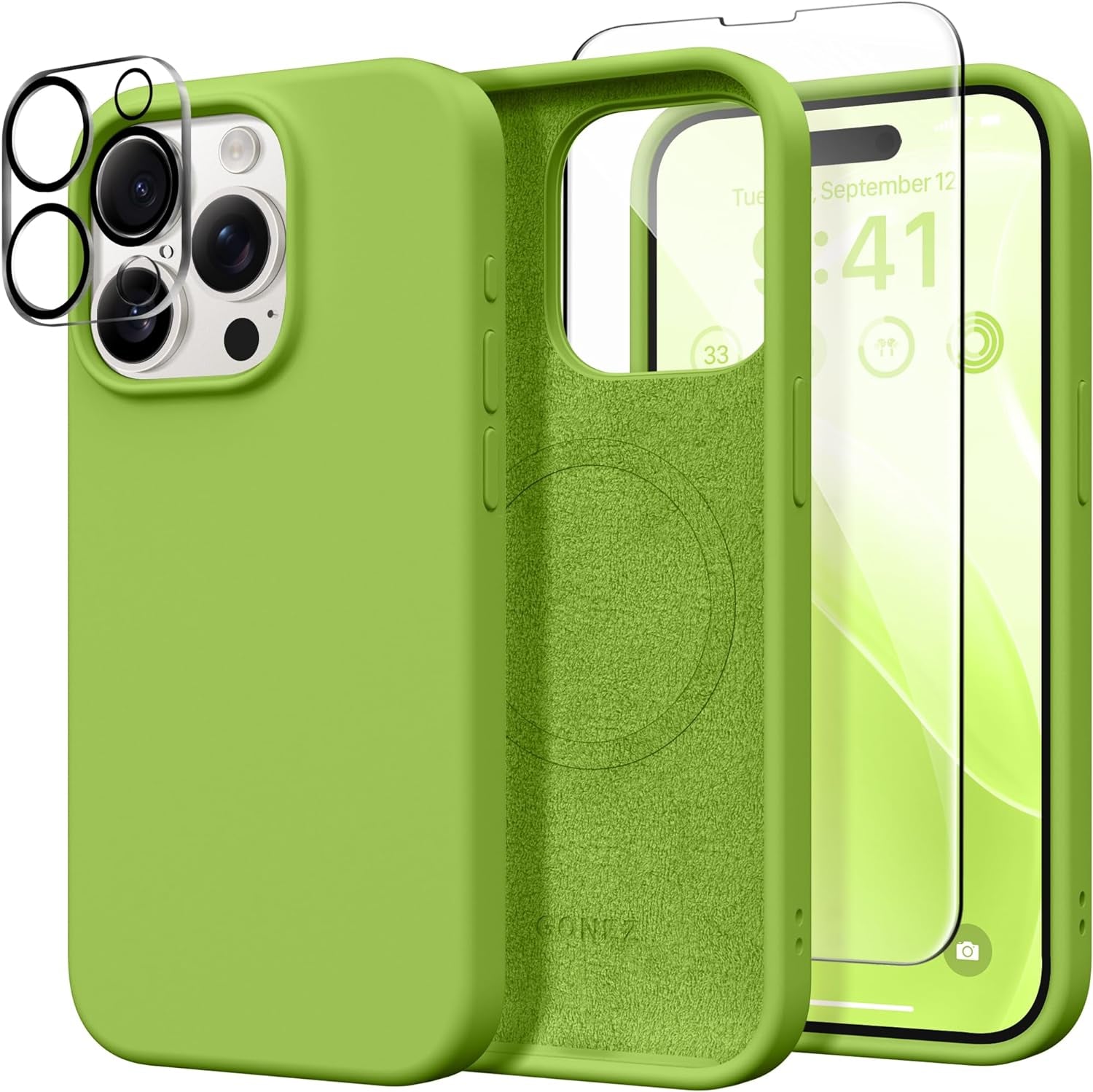 GONEZ for Iphone 15 Pro Case Compatible with Magsafe, [2X Screen Protector + 2X Camera Lens Protector], Soft Silicone Shockproof Anti-Scratch Full Body Protective Phone Case 6.1" 2023, Dark Grey  GONEZ Sprout Green  