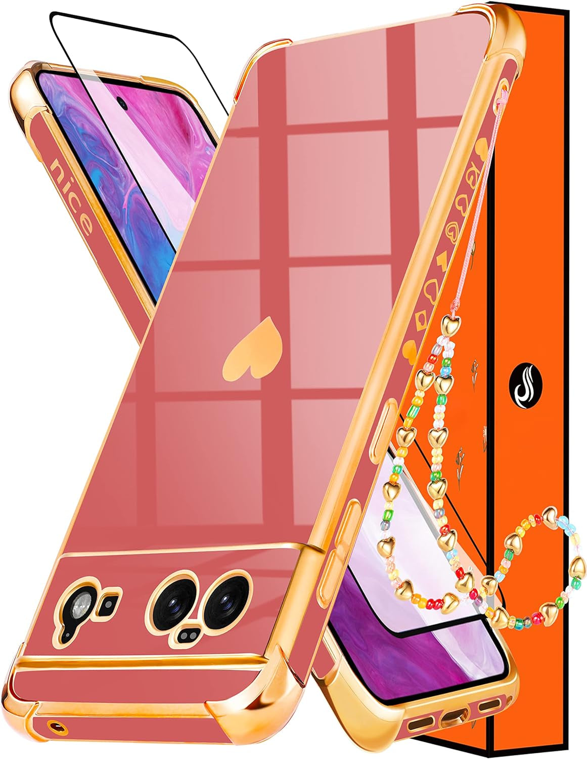 Shorogyt (3In1 Heart Case for Google Pixel 6 Case 5G 6.4 Inch Women Cute Aesthetic Love Hearts Pattern Girls Gold Luxury Girly Design Phone Cases Cover+Screen+Chain for Pixel 6 Case 5G 6.4''  qunxiner Red For Google Pixel 6 