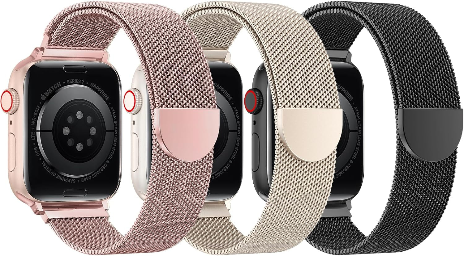 BELONGME 3 Pack Mesh Loop Compatible with Apple Watch Band 40Mm 41Mm 38Mm 42Mm 44Mm 45Mm 49Mm Series Ultra SE 9 8 7 6 5 4 3 2 1 Women Men, Stainless Steel Metal Strap Magnetic Clasp for Iwatch Bands