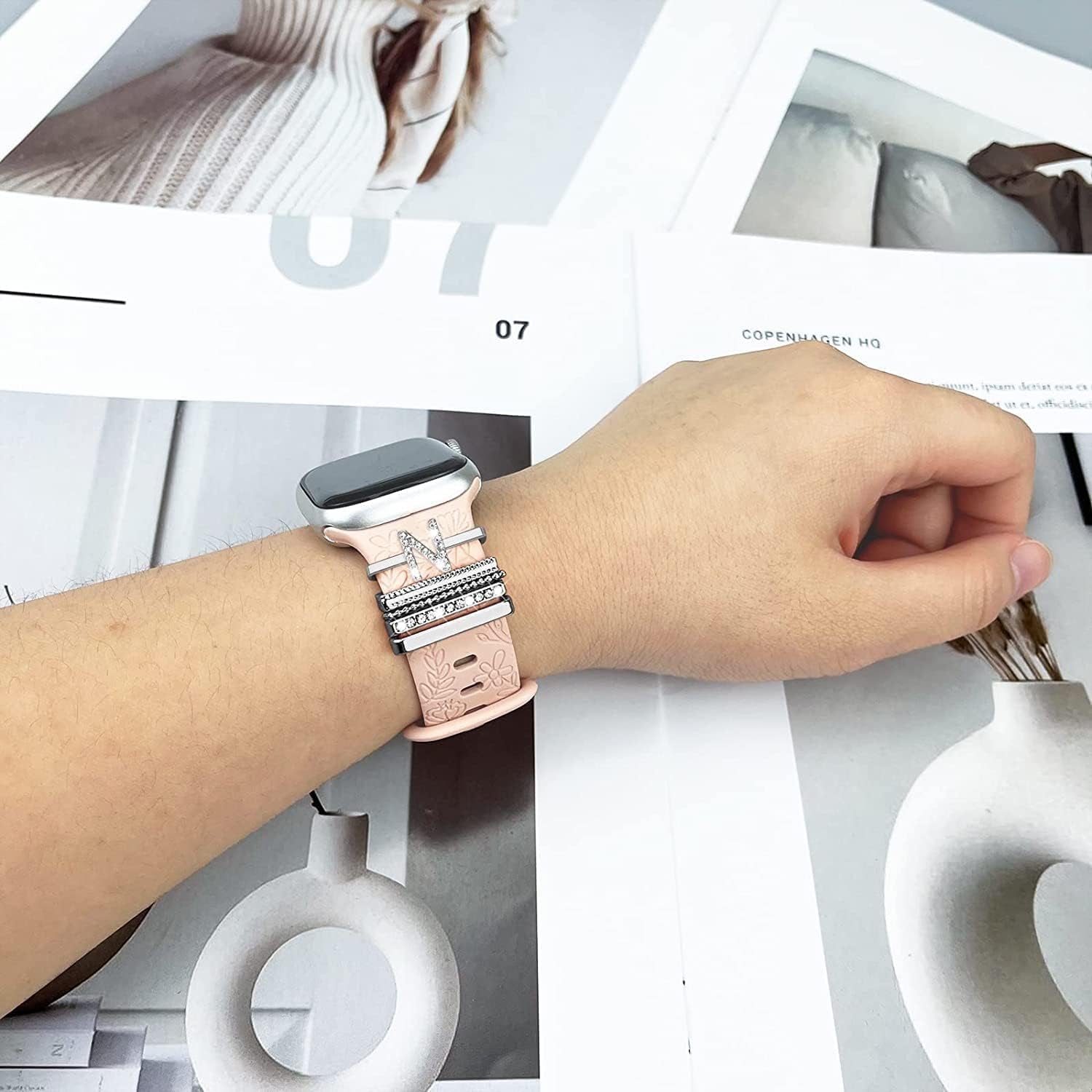 Decorative Rings Loops Compatible with Apple Watch Silicone Bands Metal Diamond Charms 45Mm 44Mm 42Mm 41Mm 40Mm 38Mm Iwatch Series 8 7 6 5 4 3 2 1 Accessories(Silver) (N)