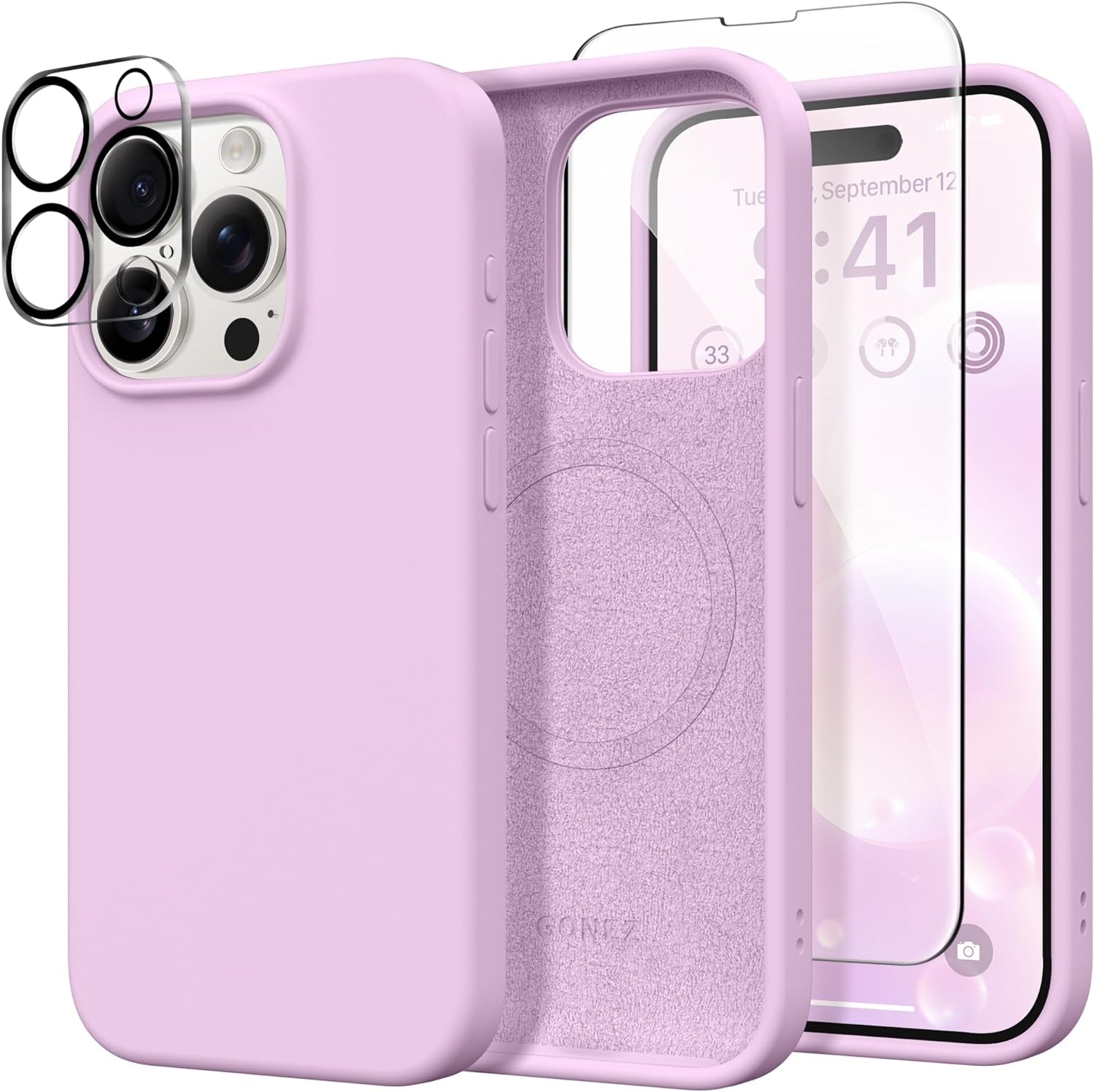 GONEZ for Iphone 15 Pro Case Compatible with Magsafe, [2X Screen Protector + 2X Camera Lens Protector], Soft Silicone Shockproof Anti-Scratch Full Body Protective Phone Case 6.1" 2023, Dark Grey  GONEZ Light Lilac  