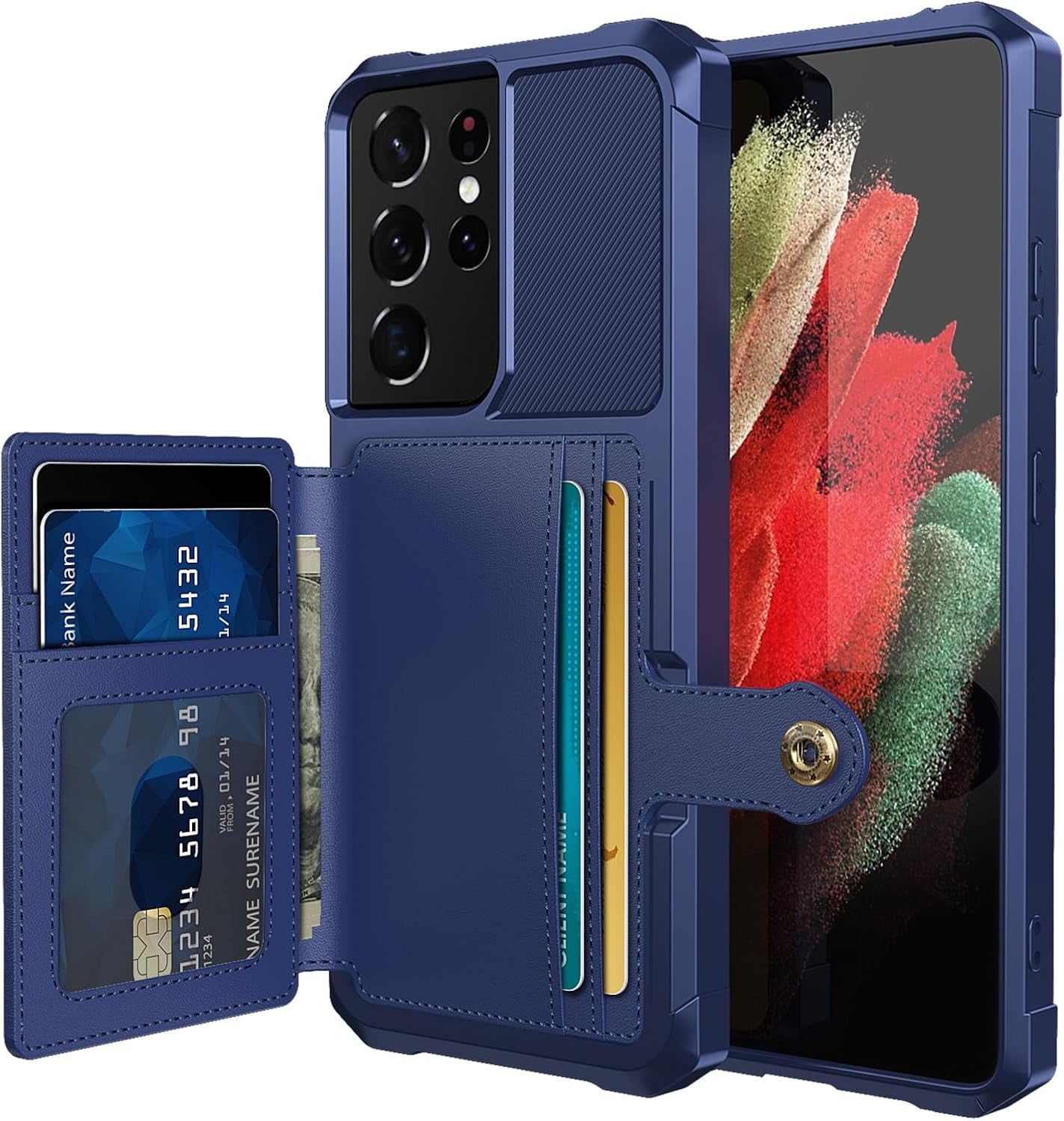 For Samsung Galaxy S22 Ultra Case with Card Holder, Compatible with Magnetic Car Mount, Heavy Duty Shockproof Rugged Soft TPU Back Leather Flip Wallet Cover 6.8 Inch, Red