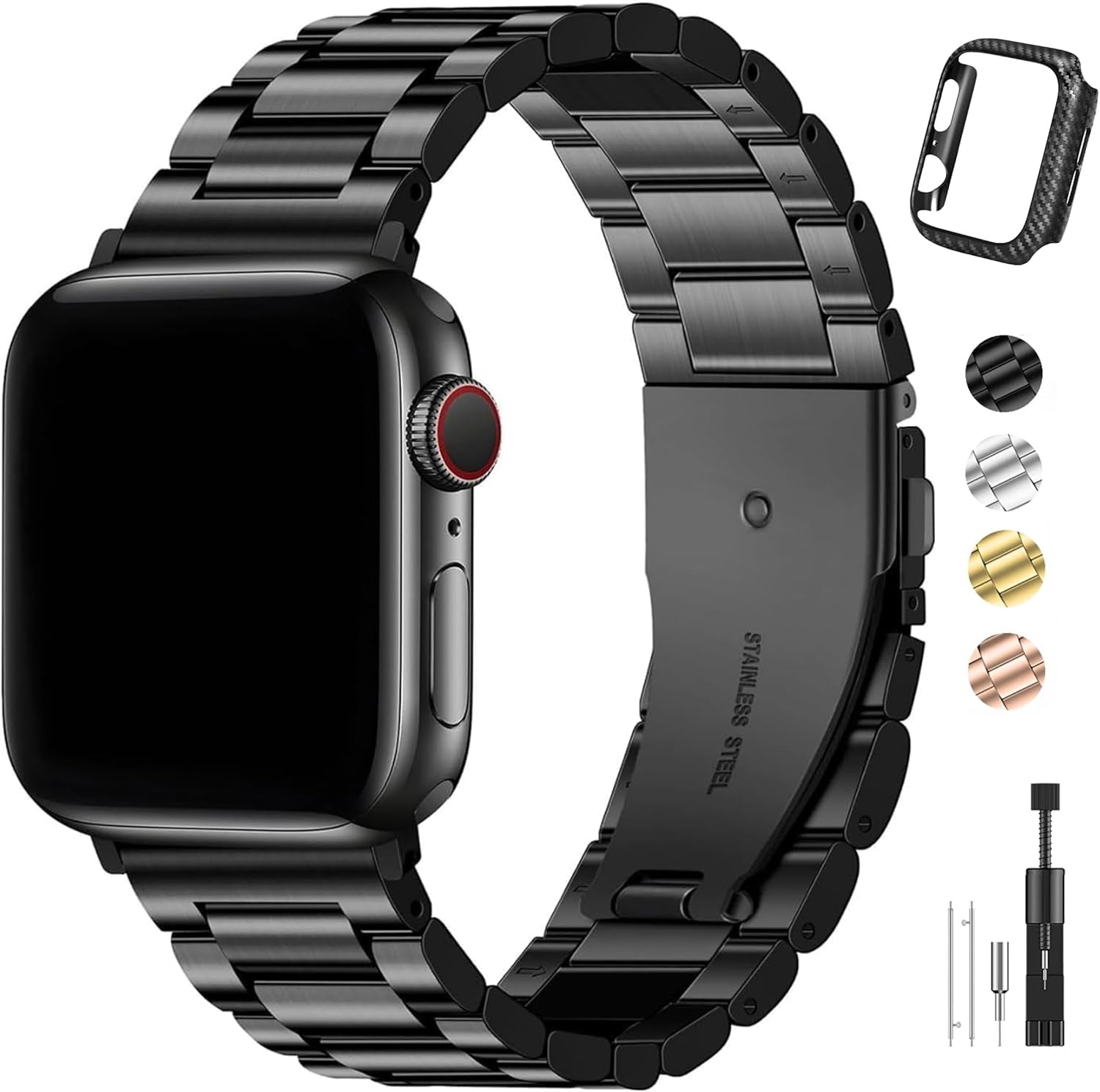 Compatible Apple Watch Bands 38Mm 40Mm 41Mm 42Mm 44Mm 45Mm, Stainless Steel Iwatch Band with Carbon Fiber Case for Apple Watch Series 9 8 7 6 5 4 3 2 1 SE SE2, 38Mm 40Mm 41Mm Black