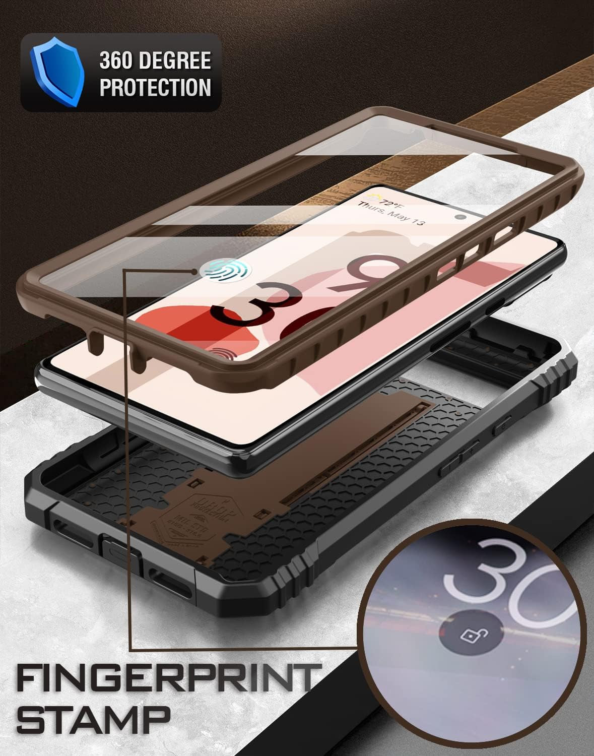 Poetic Revolution Case for Google Pixel 6 5G, Built-In Screen Protector Work with Fingerprint ID, Full Body Rugged Shockproof Protective Cover Case with Kickstand, Brown  Poetic   