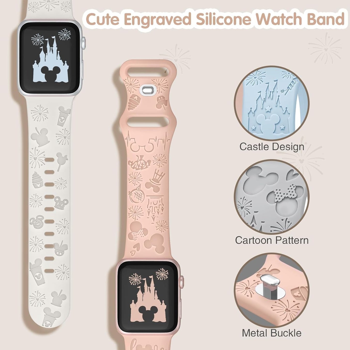 3 Pack Cartoon Engraved Band Compatible with Apple Watch Bands 40Mm 44Mm 41Mm 38Mm 45Mm 42Mm 49Mm Women,Cute Pattern Strap Soft Silicone Wristbands for Iwatch Series 8 7 6 SE 5 4 3 2 1 Ultra