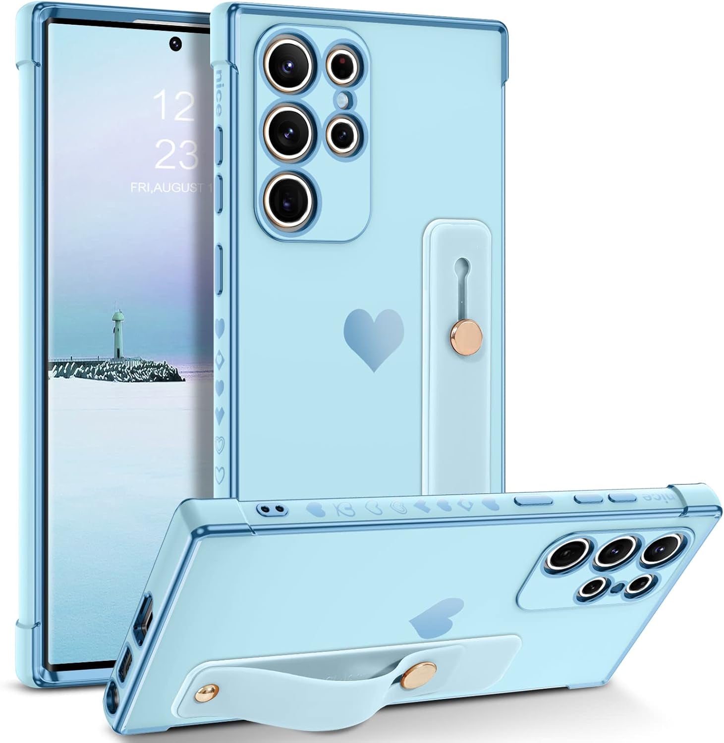 BENTOBEN Galaxy S22 Ultra Case,Slim Luxury Heart Design Plated Soft Bumper Women Men Girl Protective Case Cover with Strap for Samsung Galaxy S22 Ultra 6.8 Inch,Pink/Gold