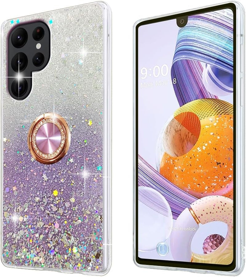 For Samsung Galaxy S22 Ultra Case Phone Case for Women Glitter Cute Luxury Soft Silicone Clear Cover with Stand Bumper Shockproof Full Body Protection Case (Purple, Samsung Galaxy S22 Ultra)