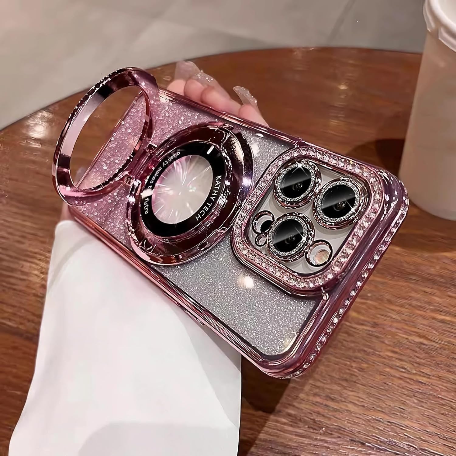 LXK Magnetic Stand for Iphone 15 Pro Max Case, [Compatible with Magsafe][Built-In Camera Lens Protector] Glitter Bling Card & Soft TPU Diamonds Bumper Protection Cover for Women Girls 6.7" (Pink)  Studyogt Pink Iphone 15 Pro Max (6.7 Inch) 