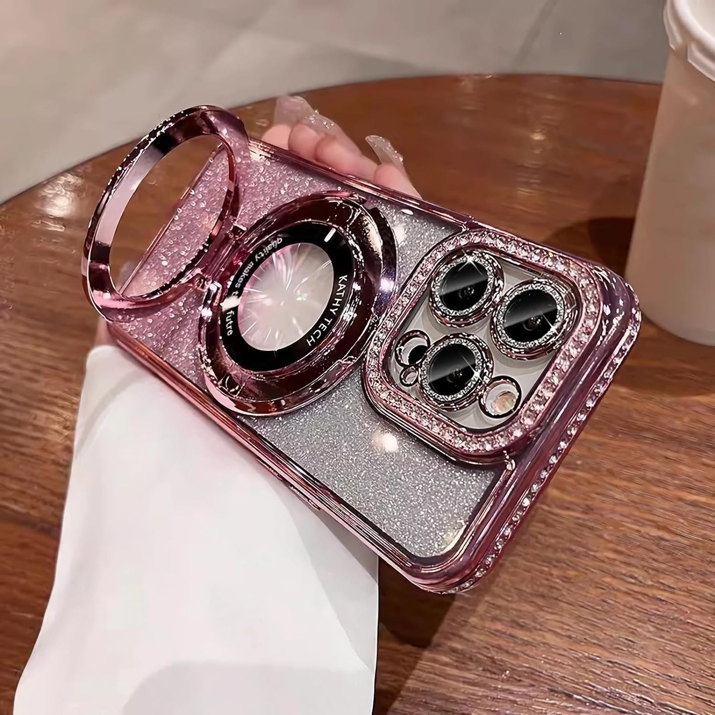 LXK Magnetic Stand for Iphone 15 Pro Max Case, [Compatible with Magsafe][Built-In Camera Lens Protector] Glitter Bling Card & Soft TPU Diamonds Bumper Protection Cover for Women Girls 6.7" (Pink)  Studyogt Pink Iphone 13 Pro Max (6.7 Inch) 